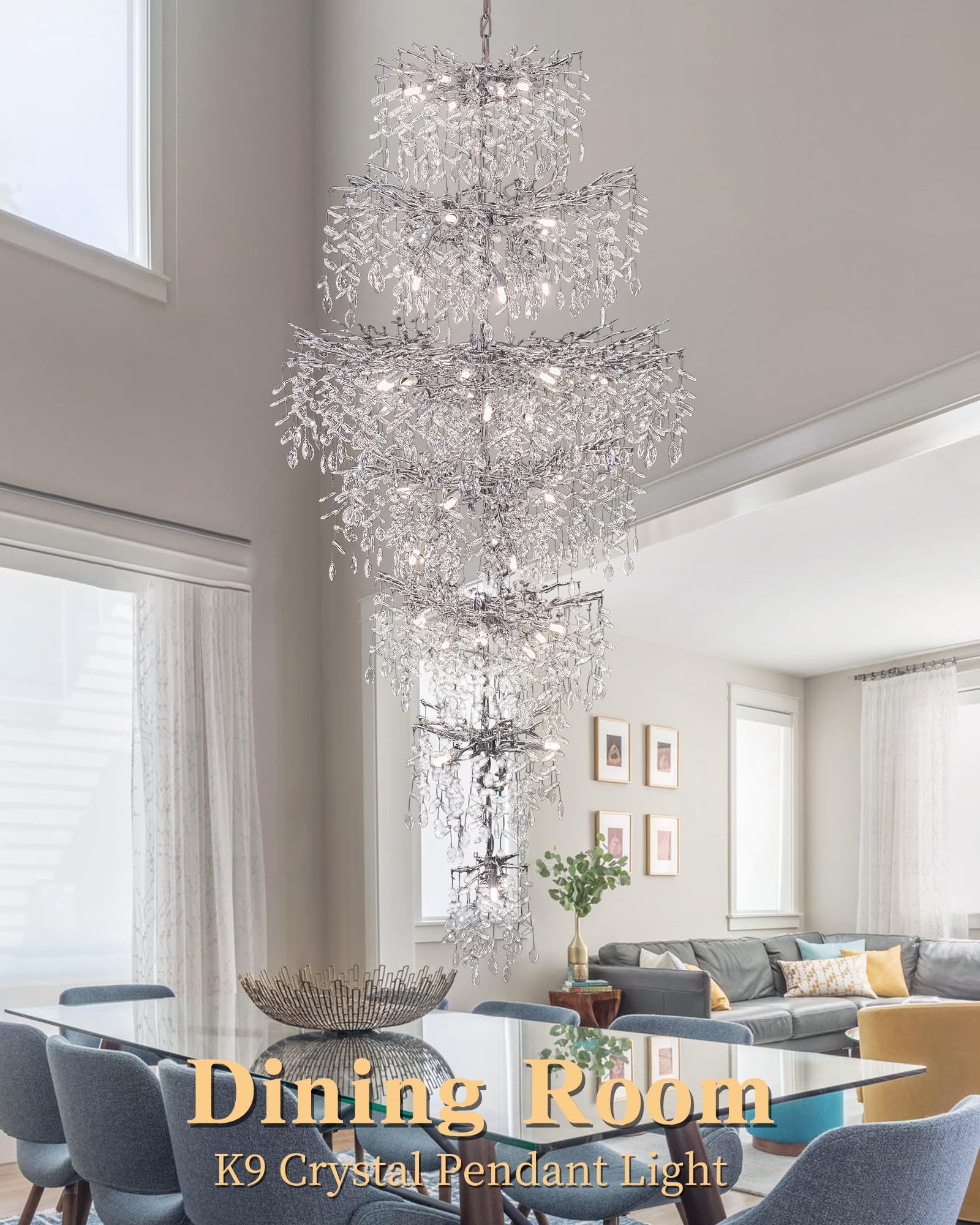 Modern Staircase K9 Chandeliers, Luxury Silver Long 7-Tier Large Foyer Entrance Chandeliers For High Ceiling Big Crystal Chandel