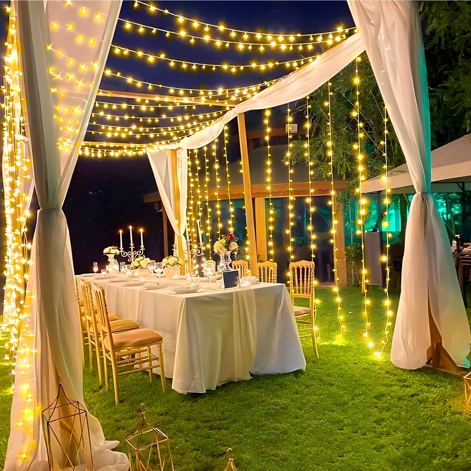 KNONEW Outdoor Christmas Lights 500 LED String Lights 197ft Waterproof Warm White 8 Modes Model 68KN-168LIG-NIU