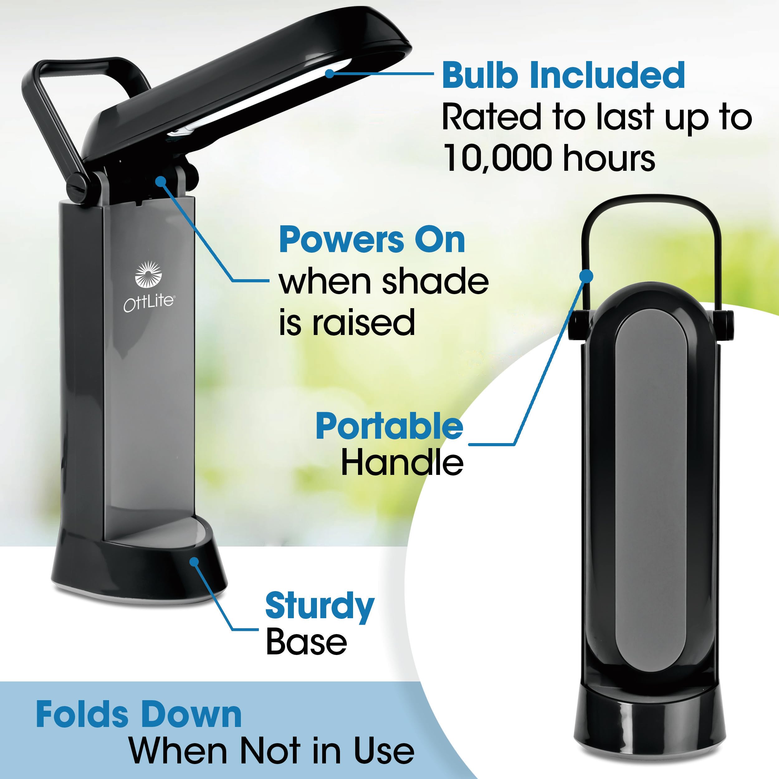 Ottlite Folding Task Lamp, Black - Multi-Position Shade, Fold-Up Design, Portable Handle, Low Heat, Low Glare Illumination, Fits