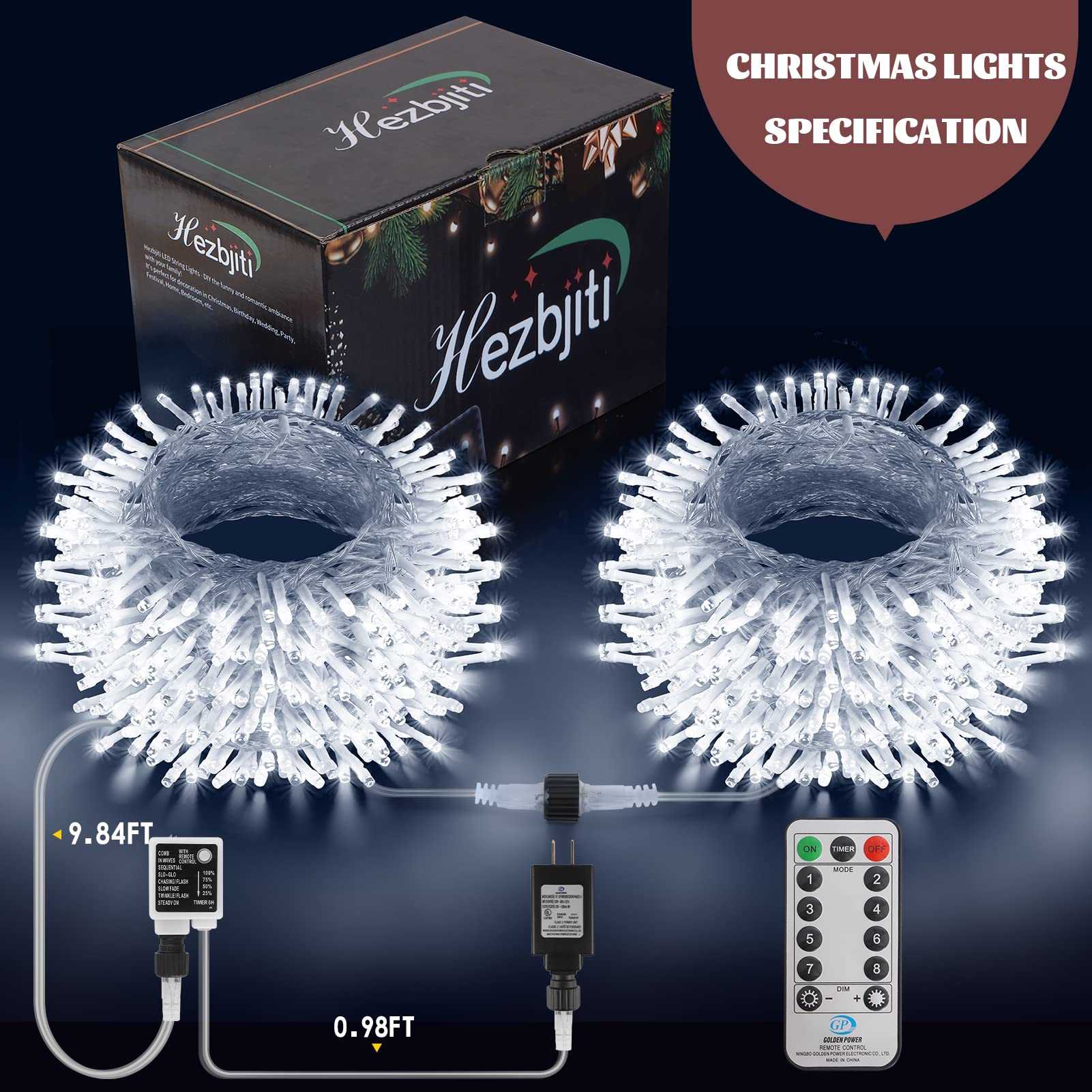 Hezbjiti 394FT Christmas String Lights - 1000 LED, Cold White, 8 Modes, Remote & Timer for Outdoor Decor, Weddings, Parties