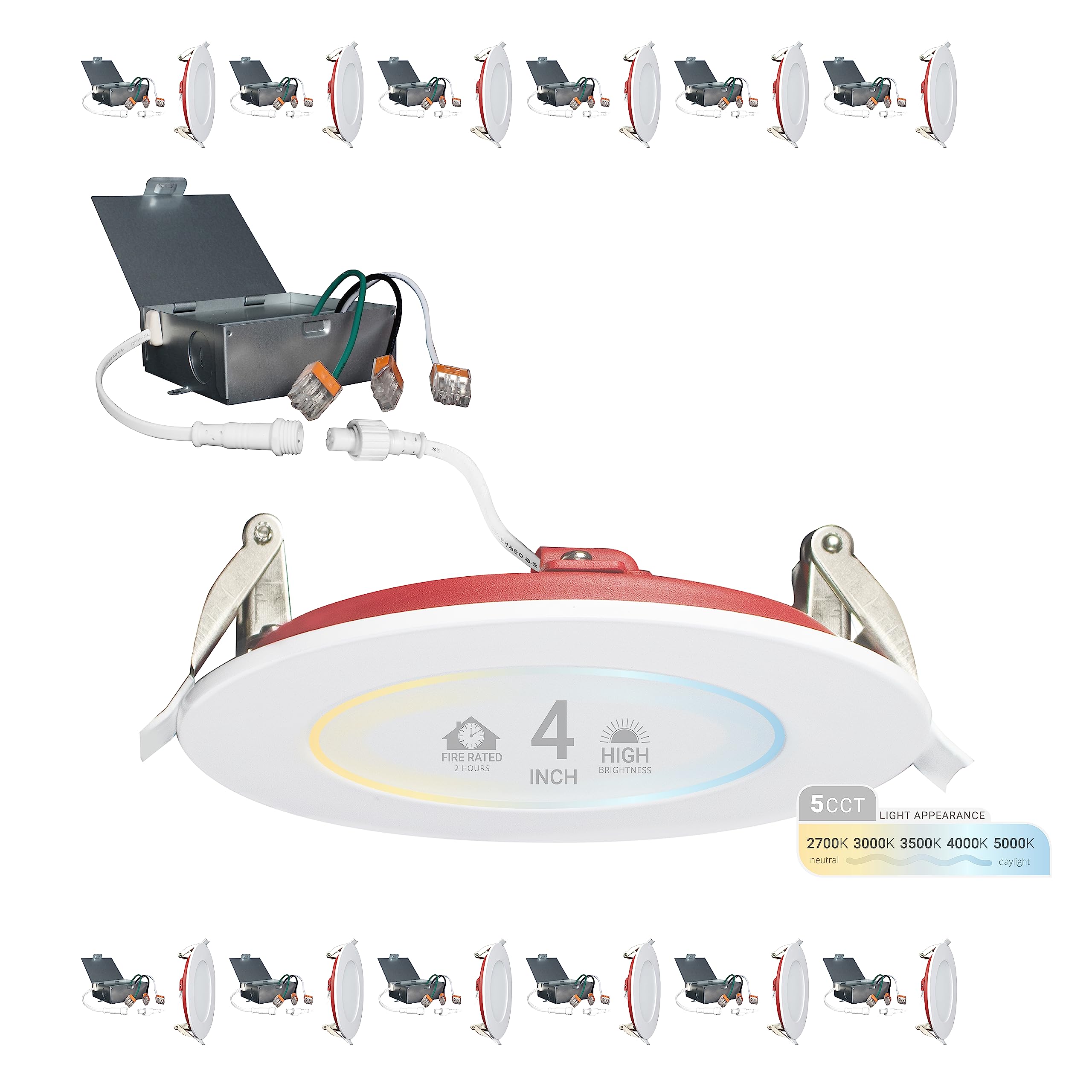 NUWATT 12 Pack, 4 Inch Ultra-Thin LED 2 Hour FIRE Rated Recessed Light, 2700K/3000K/3500K/4000K/5000K Selectable, 850 Lumens, Di