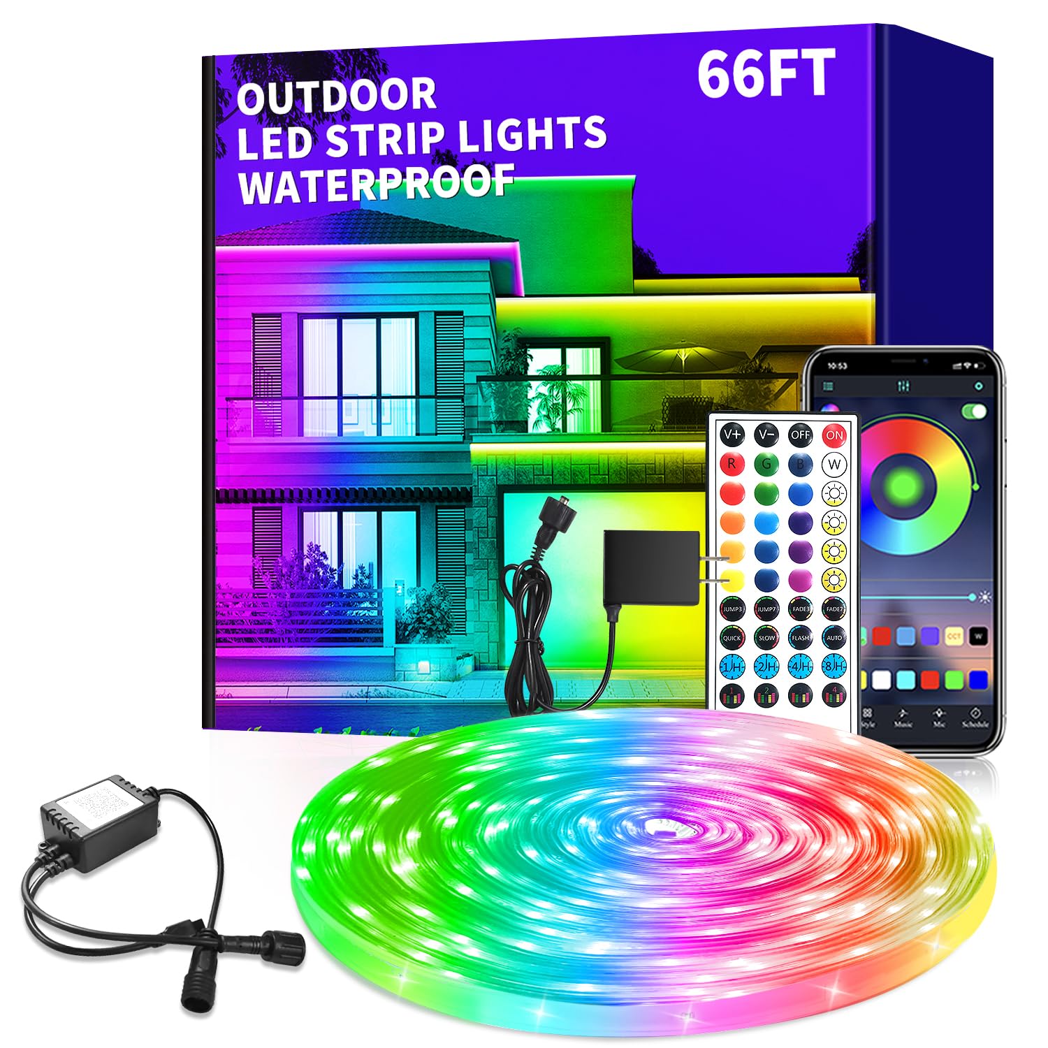 vimeepro 300Ft LED Strip Light, Waterproof RGB, Music Sync, IP68, Remote/App Control, 2 Rolls of 150ft, Plastic