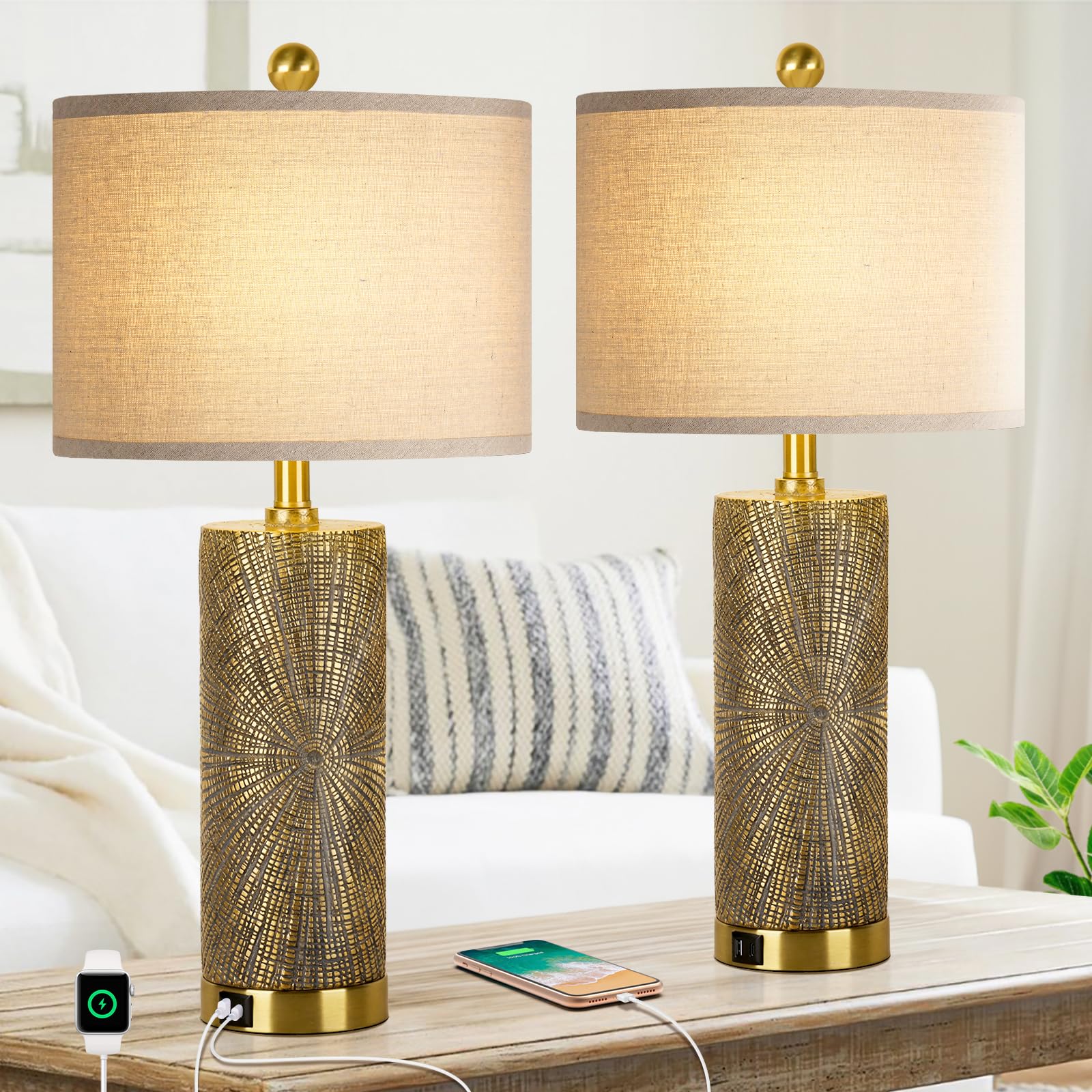 27 Gold Vintage Table Lamps Set of 2 with USB A+C Fast Charging Ports  Modern Farmhouse Bedside Nightstand Lamps for Bedroom with Beige Linen Shade  Rustic End Table Lamps for Living Room Office