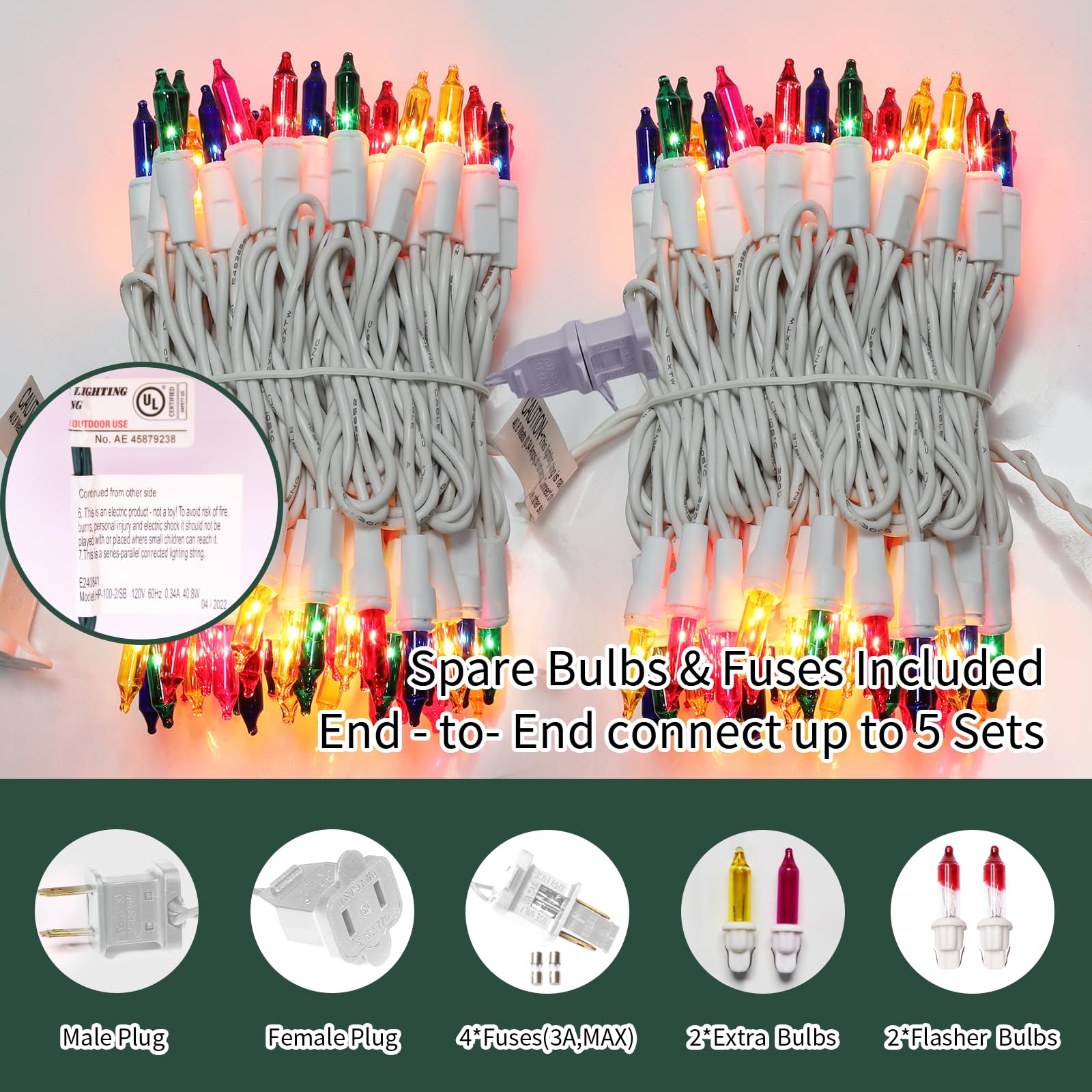 LAMPHOME Christmas String Lights, 100 Count Mini Incandescent, Multicolor on White Wire, Indoor & Outdoor Use, Model HP-100-2/SB