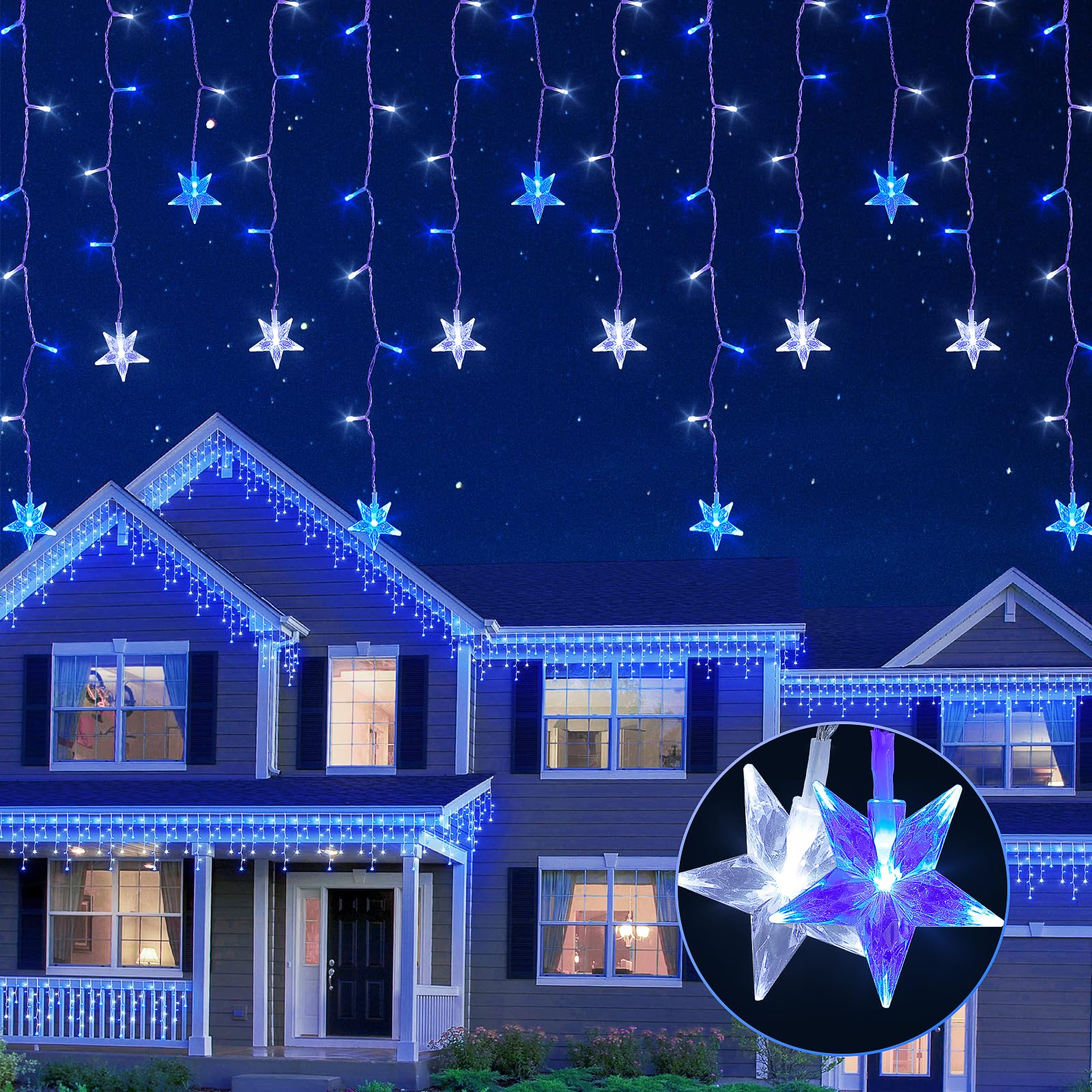 Icicle Lights Outdoor,16.5Ft 200 Led Curtain Fairy Lights,40 Drops 8 Modes With Timer Icicle Star Lights,Hanging Led String Lights For Backdrop,Wedding,Party,Christmas Decorations,Blue&White