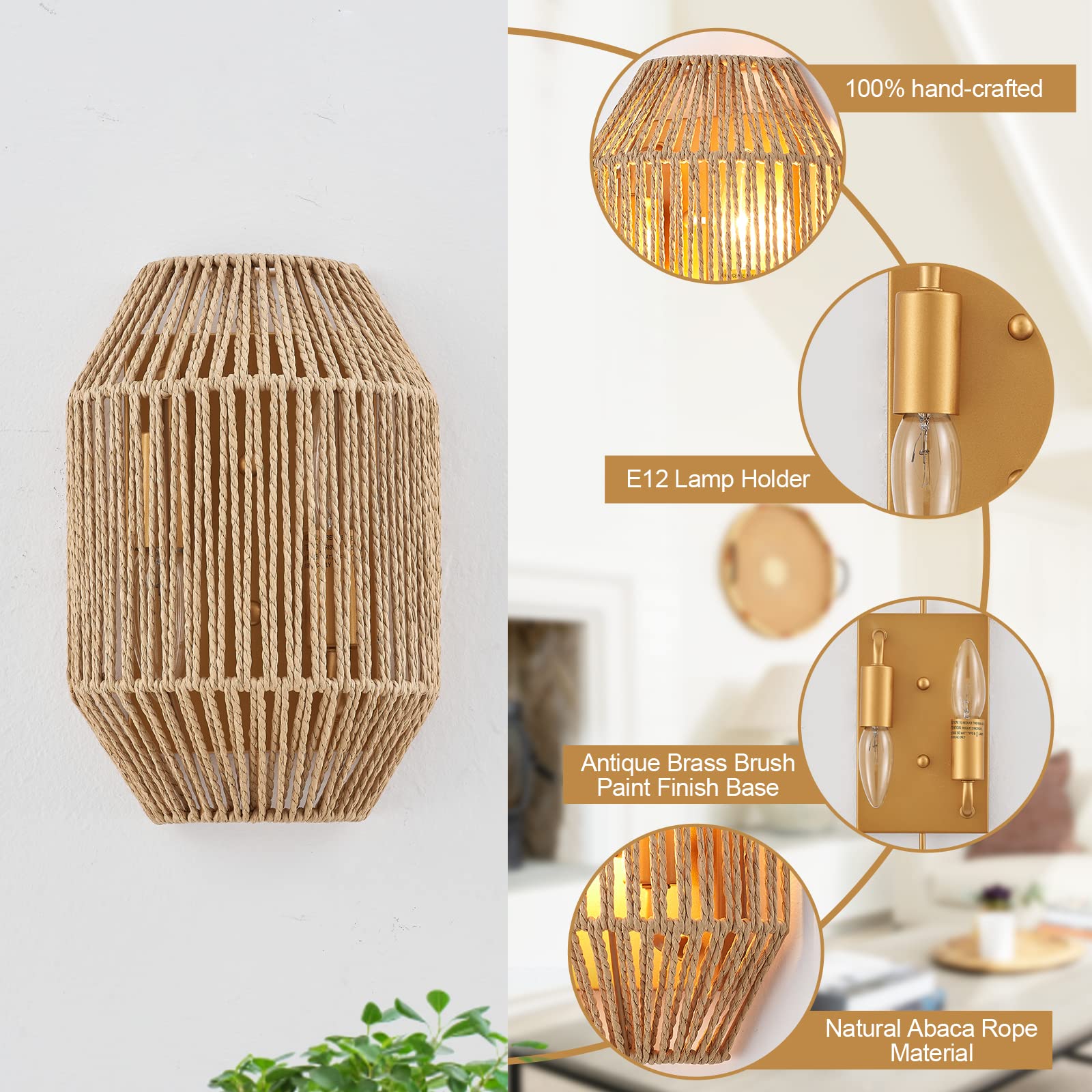 Mhytogn Natural Rattan Wall Sconce Set Of 2, With Boho Woven Wicker Shade Antique Brass Brush Paint Finish For Vanity Stairway F