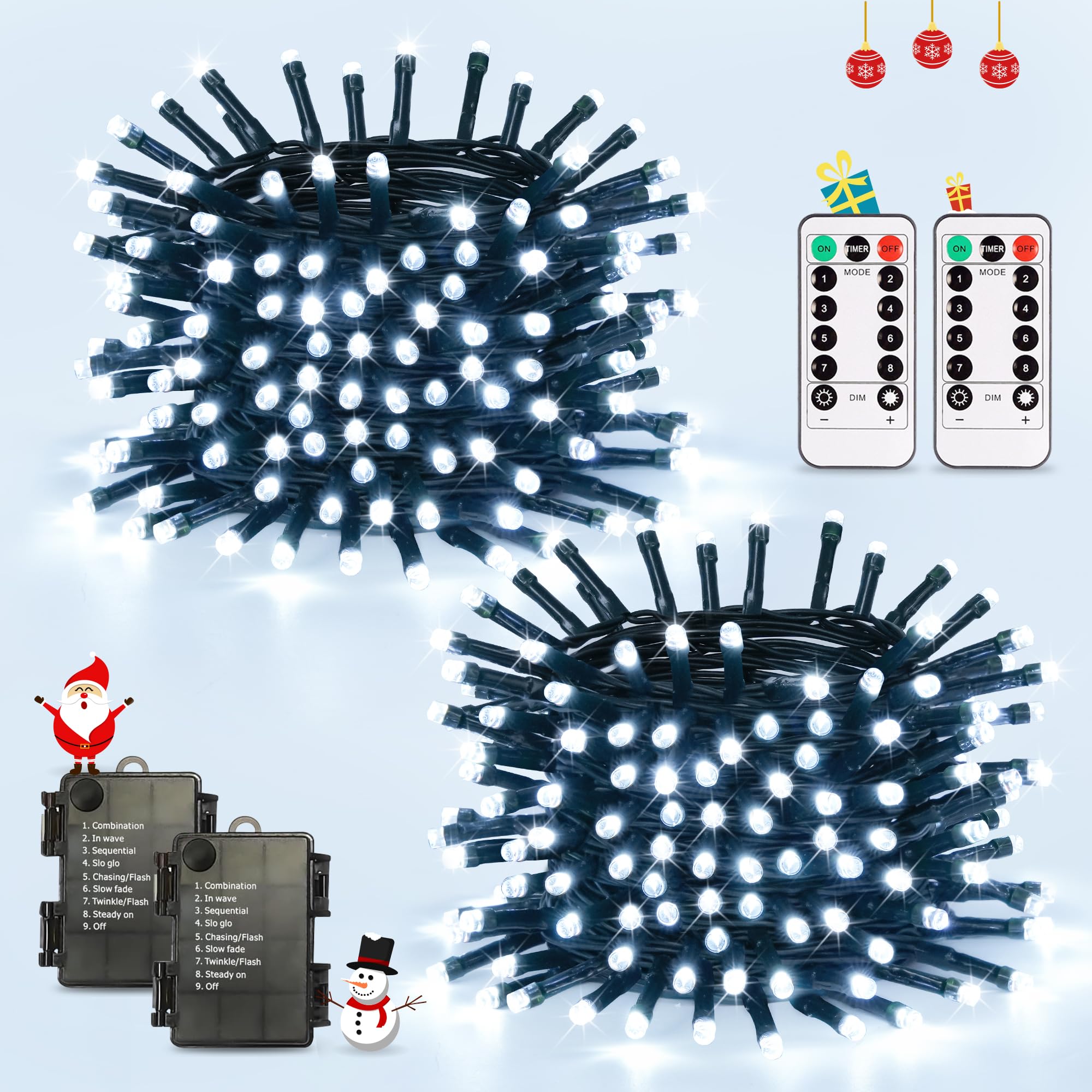 JMEXSUSS White Christmas Lights Outdoor Waterproof, Each 33 FT Battery Operated String Lights with Remote, 2 Pack 100 LED Christ