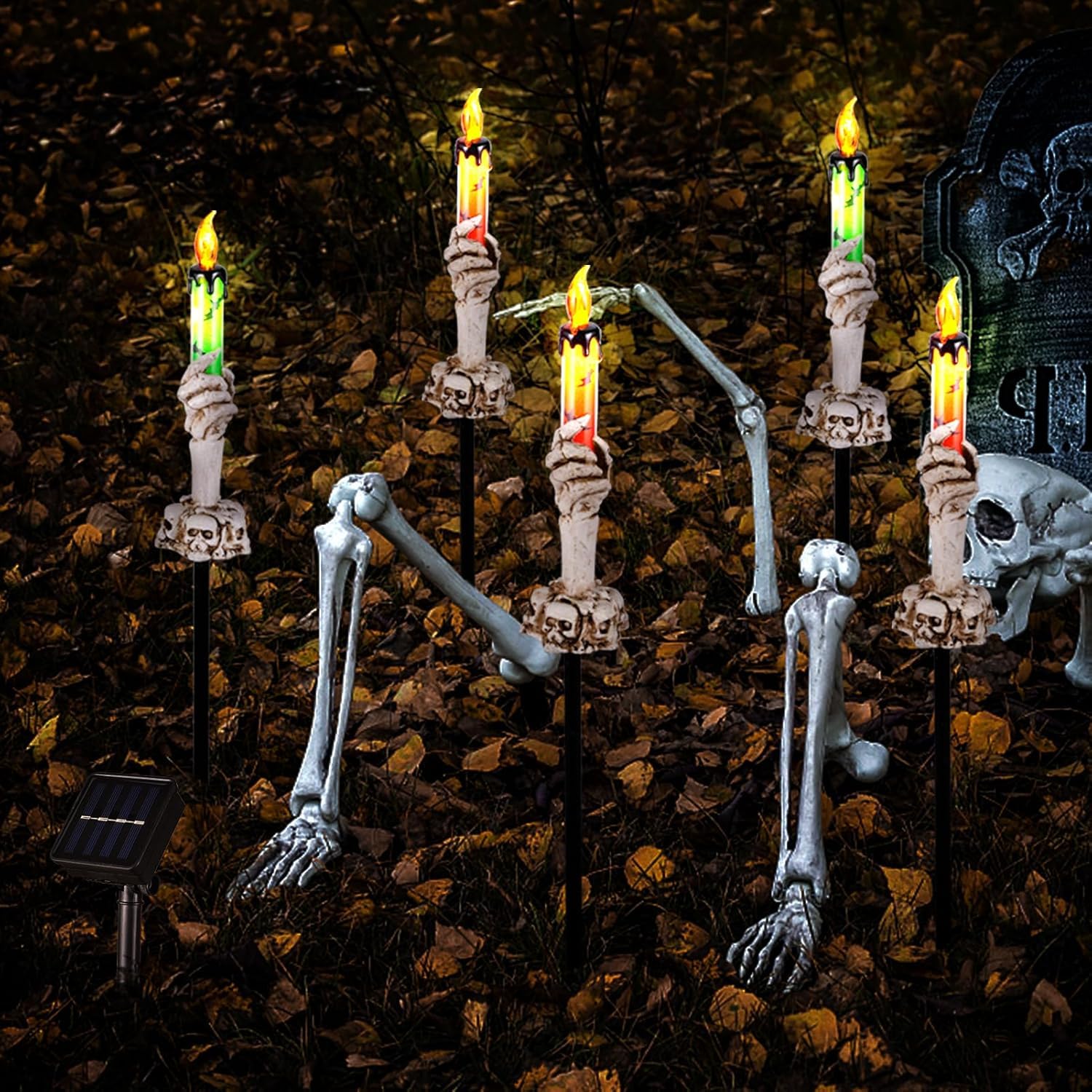 ILLUMINEW Halloween Pathway Lights, Solar LED Candle Skull Holders, 5 Pack, Waterproof, White