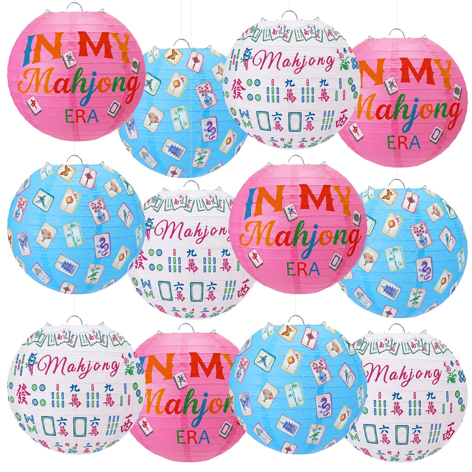 Huquary 12 Pcs Mahjong Paper Lanterns Party Decorations Round Lanterns 10 Inch Hanging Paper Decors for Mahjong Lovers Indoor Ou