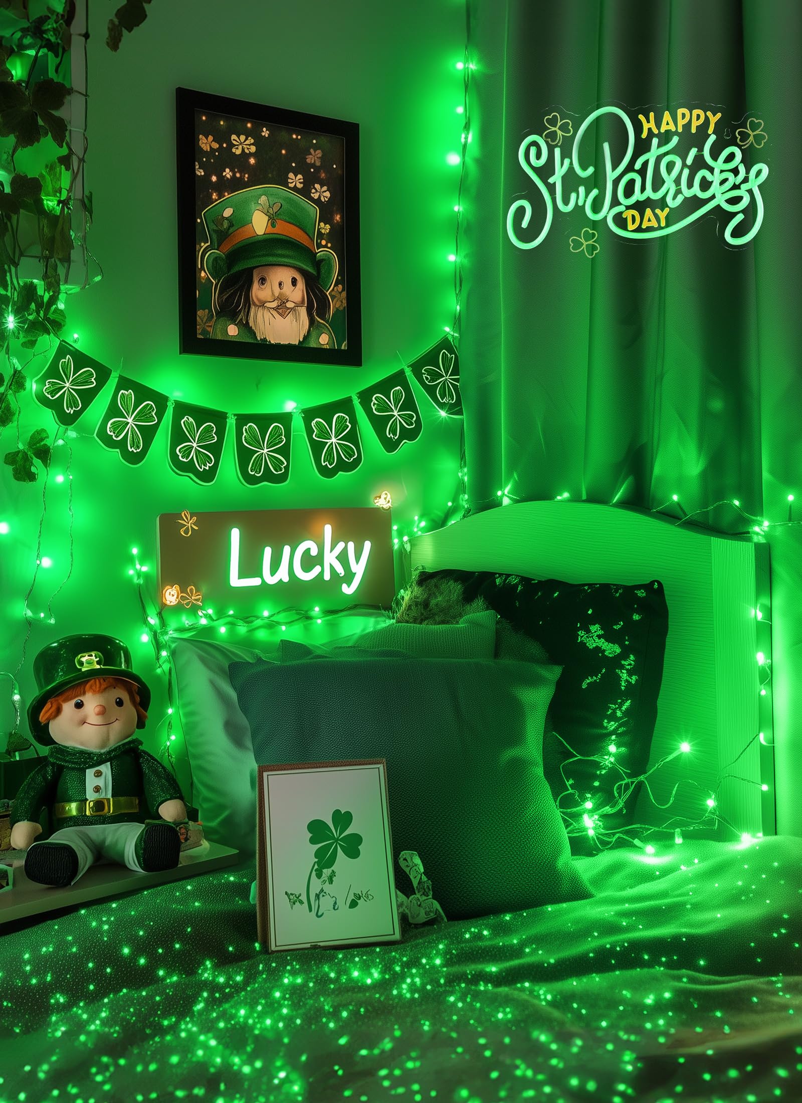 St. Patrick Mini Christmas Lights, 39 Feet 100 Led Fairy String Lights With 8 Lighting Modes, Waterproof Connectable For Indoor Outdoor Xmas Tree Garland Wreath Holiday Decoration, Green