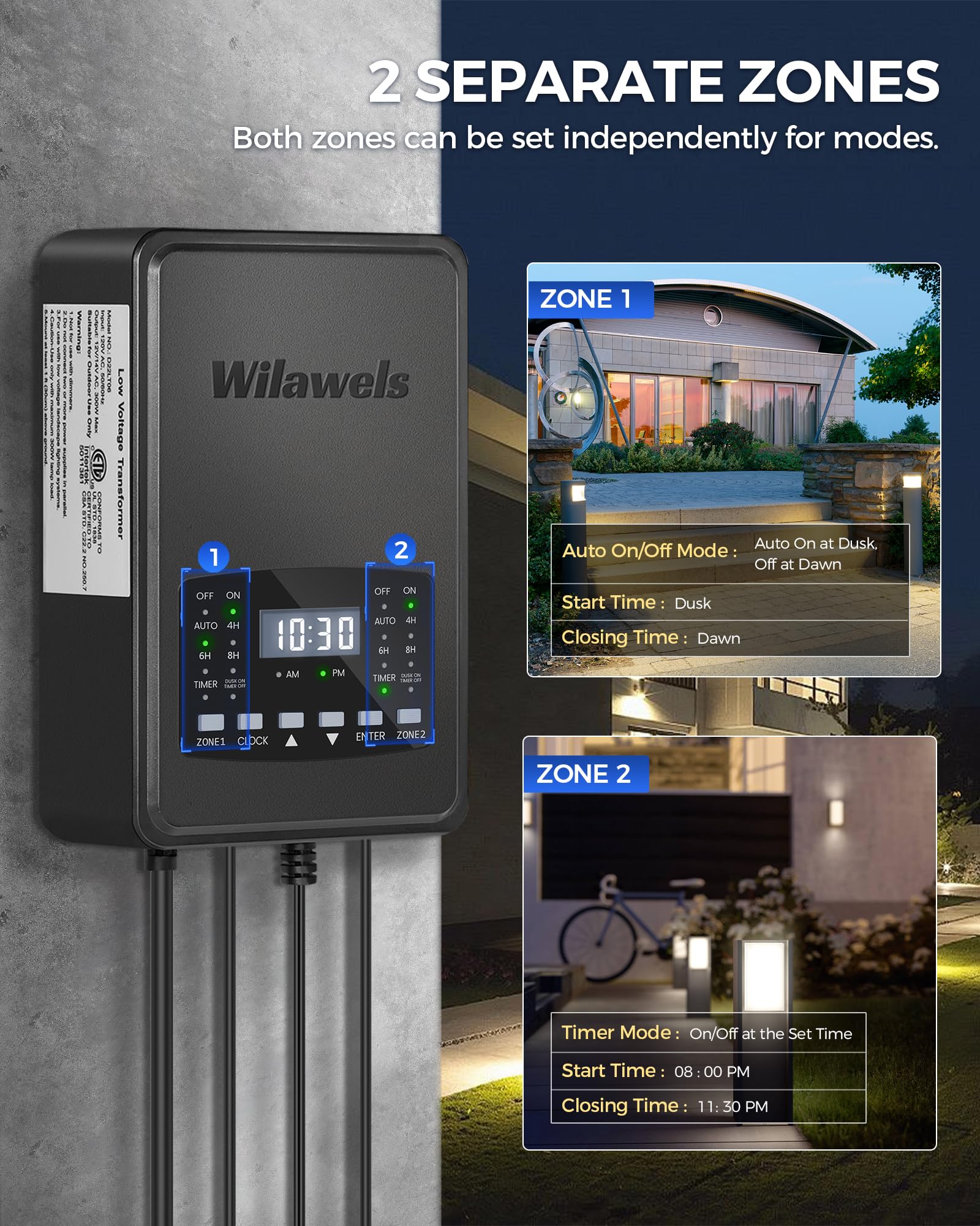 Wilawels 300W Low Voltage Landscape Transformer, 2 Zone Independent Control, Landscape Lighting Transformer, 120V Ac To 12/14V A