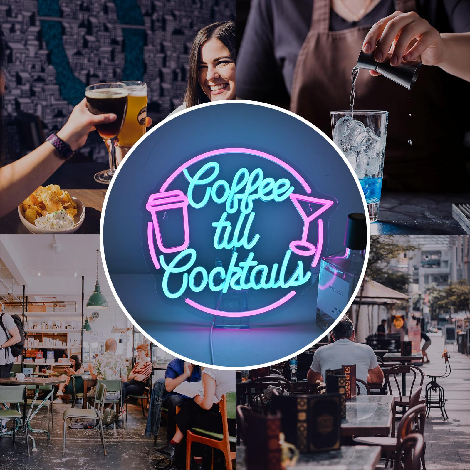 JURONG Coffee Cocktail LED Neon Sign, Dimmable USB Light, 16.5inx9in, Pink Blue Acrylic Decor for Home, Party, Office