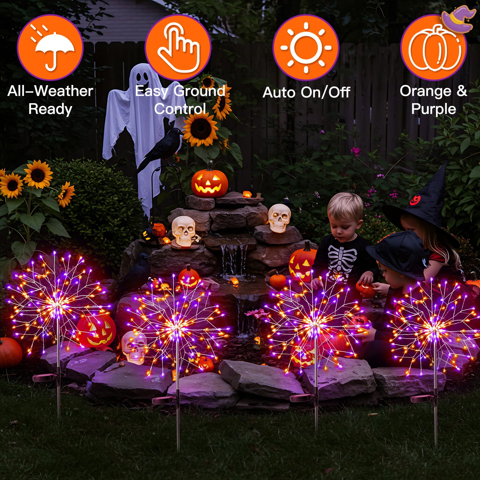 suddus Solar Powered Halloween Lights - 2 Pack, Waterproof Copper Firework Lights in Orange & Purple for Garden Decorations