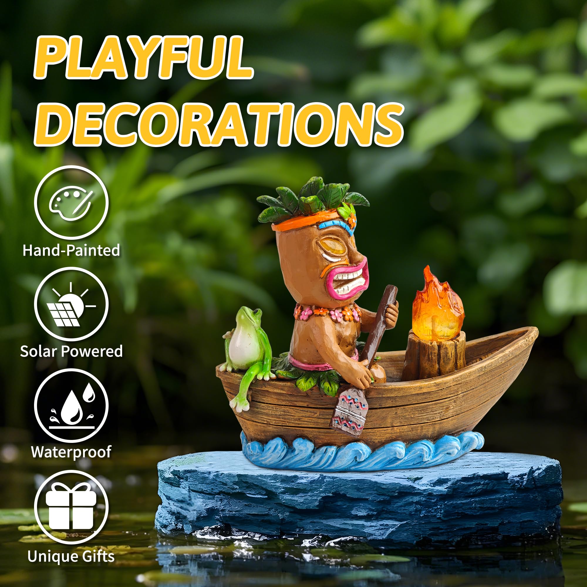 CFFOWNUG Solar Tiki Outdoor Statue - Funny Lawn Decor, Resin, Brown, CF-TIKI003-Boating