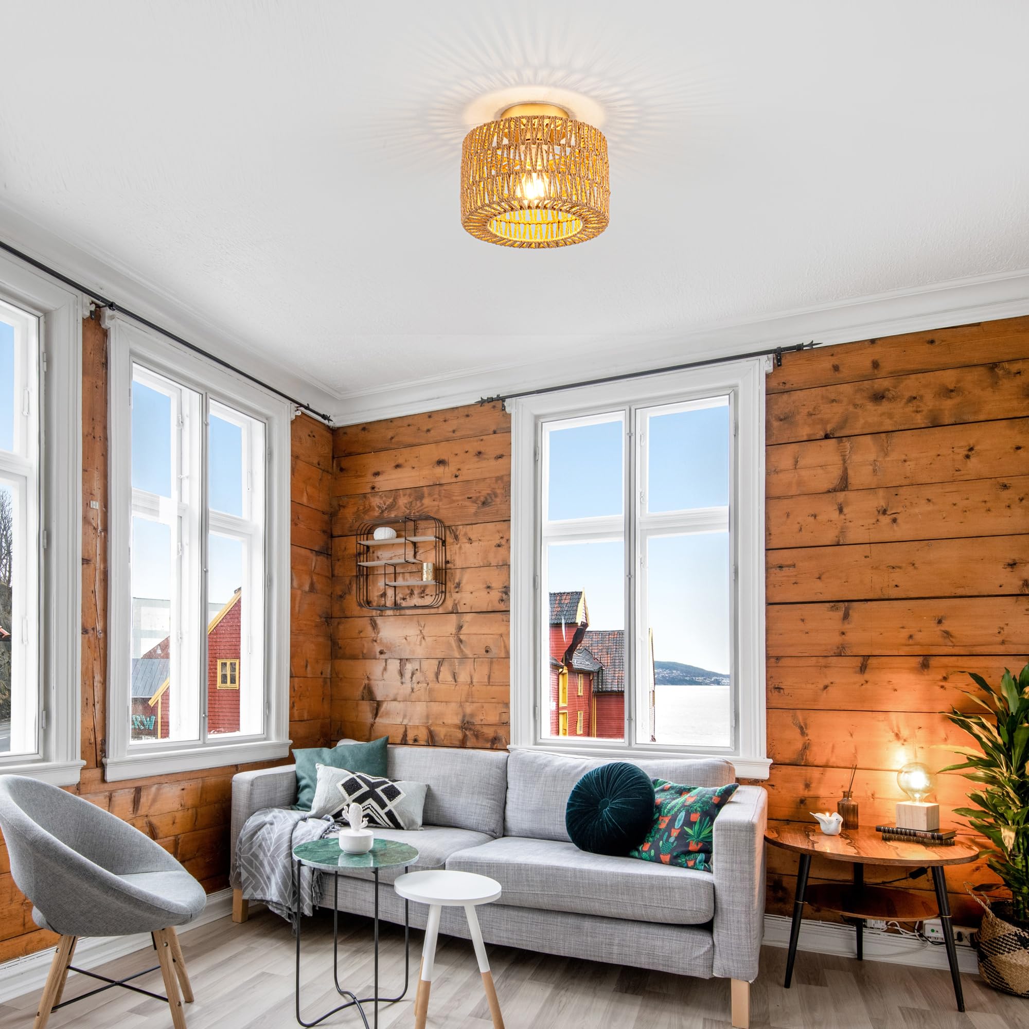 Rattan Ceiling Light, 1 Light Bohemian Modern Woven Flush Mount Ceiling Light, Boho Light Fixture For Bedroom Living Room Dining