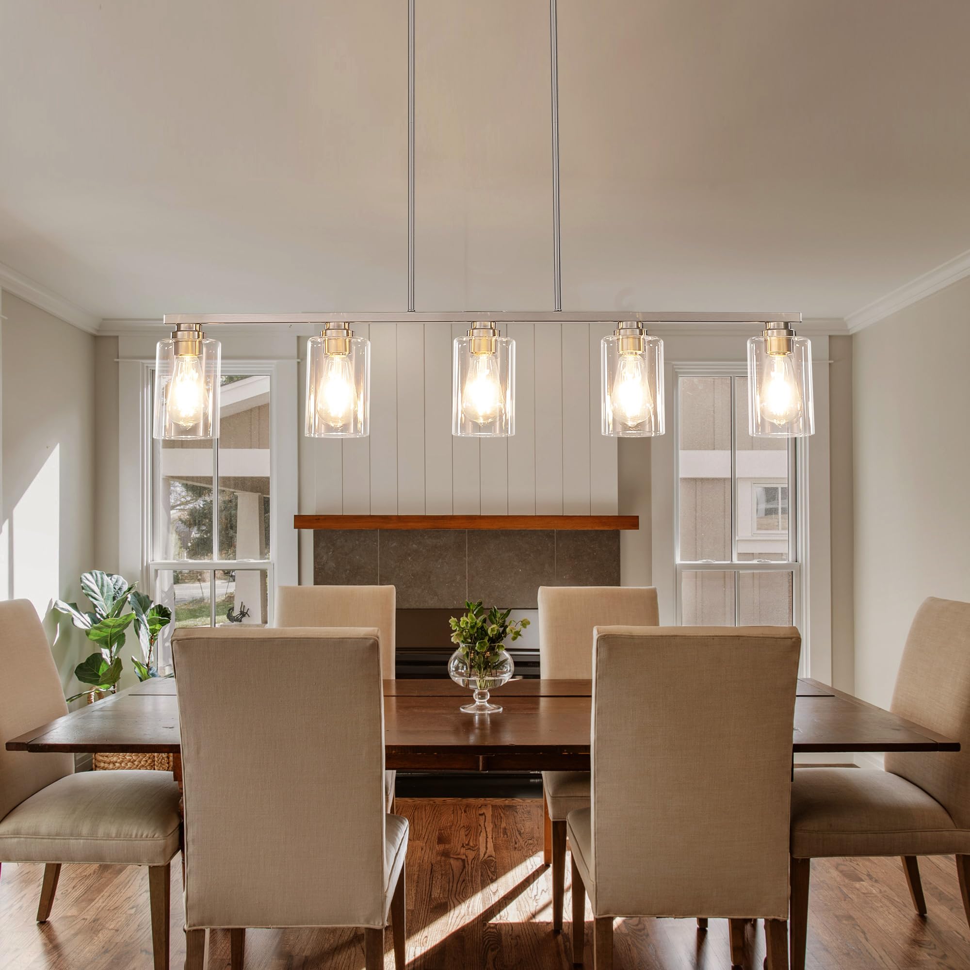 Mecgirn 5-Light Linear Chandelier Pendant Lighting, Brushed Nickel Metal Fixture for Kitchen Island & Dining Room, Model D0017-5