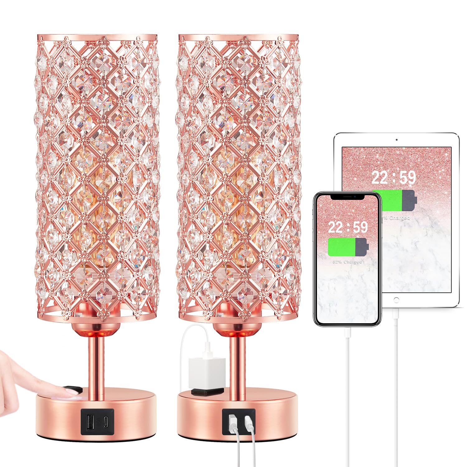 Hong-in Rose Gold Lamp Set of 2, 3-Way Crystal Table Lamp Touch Control with USB-C+A & AC Ports, Dimmable Nightstand Desk Light,