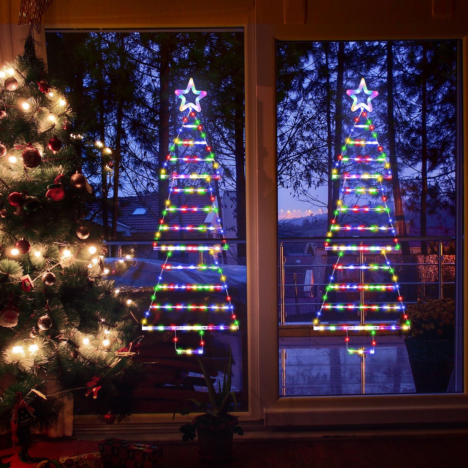 Led Christmas Lights Outdoor,4.6Ft 189 Led Christmas Tree Ladder Lights With Star Topper 8 Modes Christmas Decorations Lights For Indoor Outdoor, Window, Garden, Home, Wall, Xmas Tree Decor-Multicolor