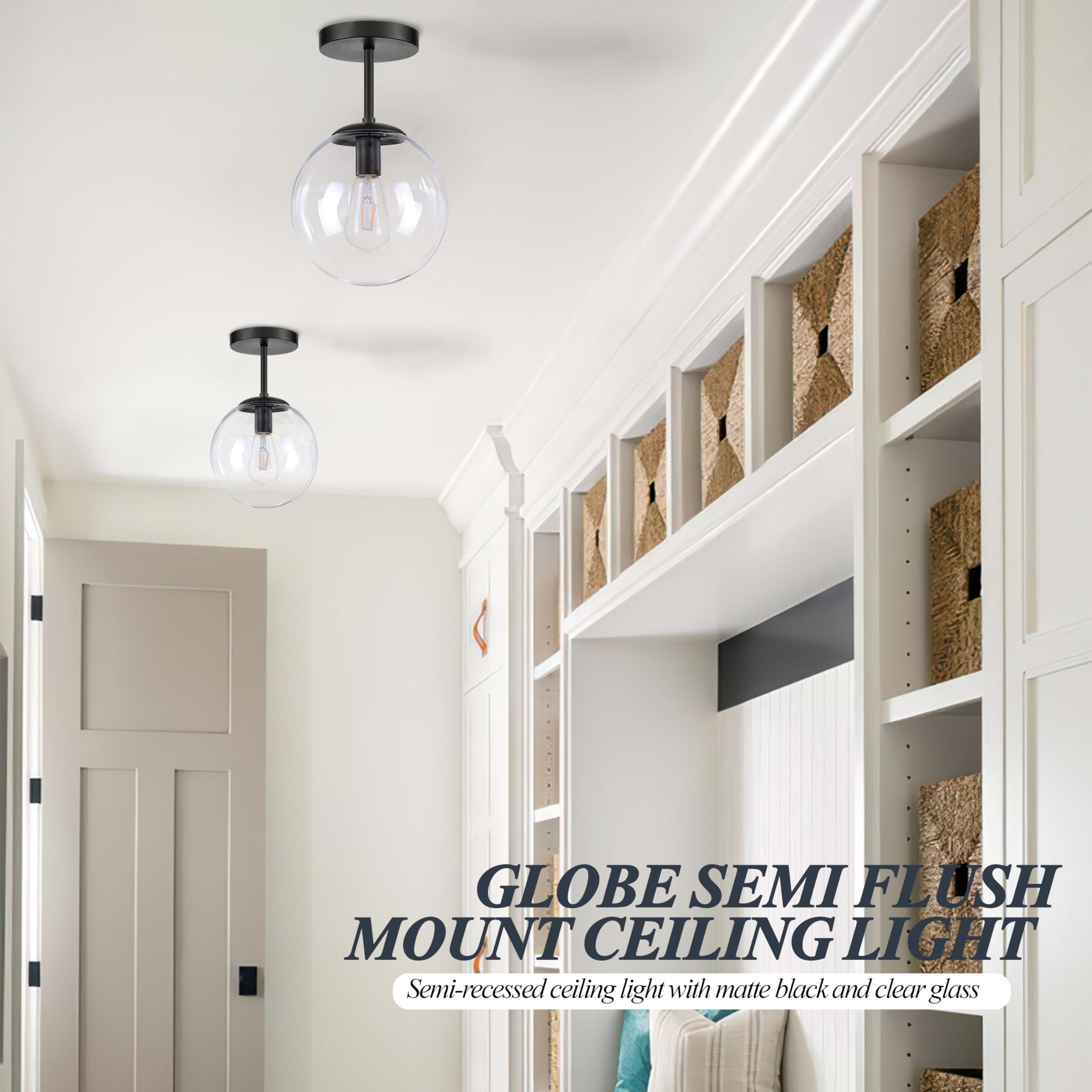 Globe Semi Flush Mount Ceiling Light, Clear Glass With Matte Black Finish, Mid Century Modern Light Fixture Ceiling, Hallway Liv