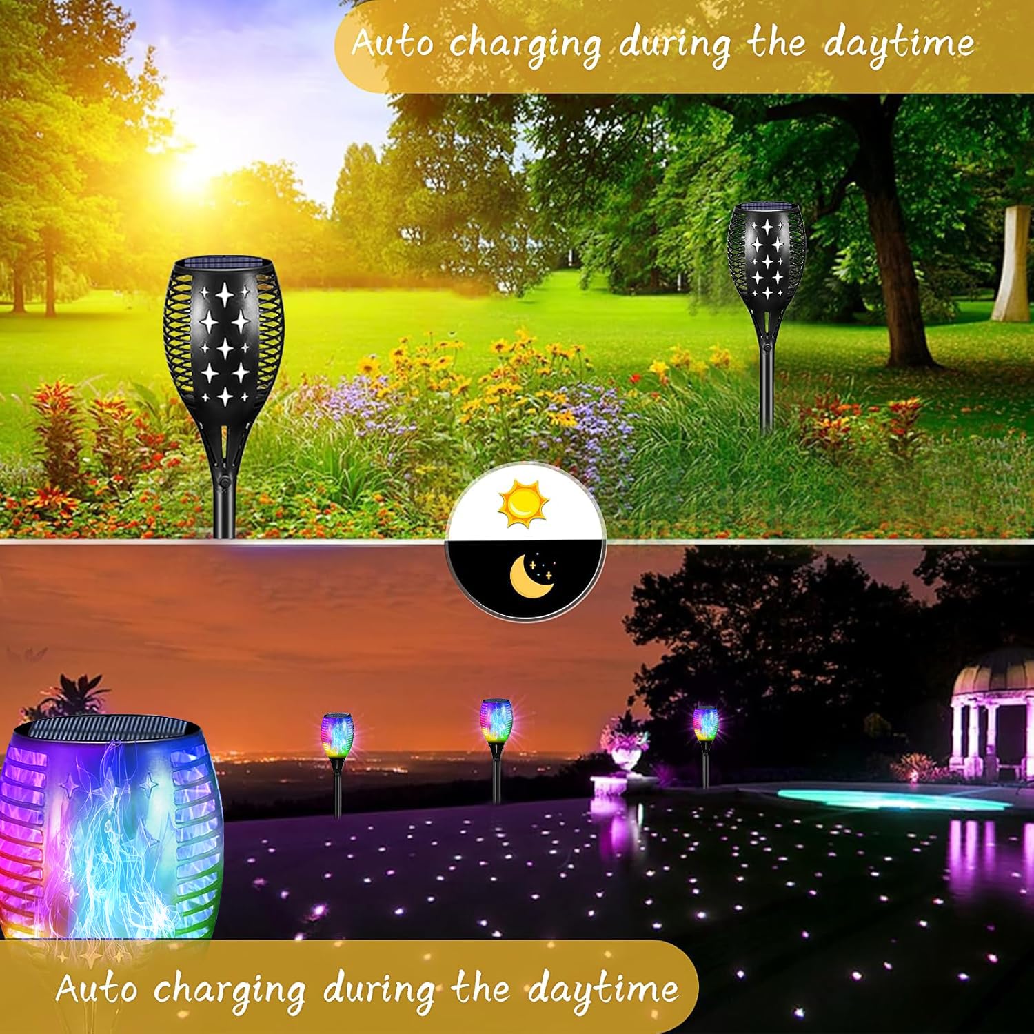 Youngpower Multi Color Halloween Rgb Christmas Outdoor Solar Torch Lights, Flickering Flame Solar Garden Lights Decoration Water