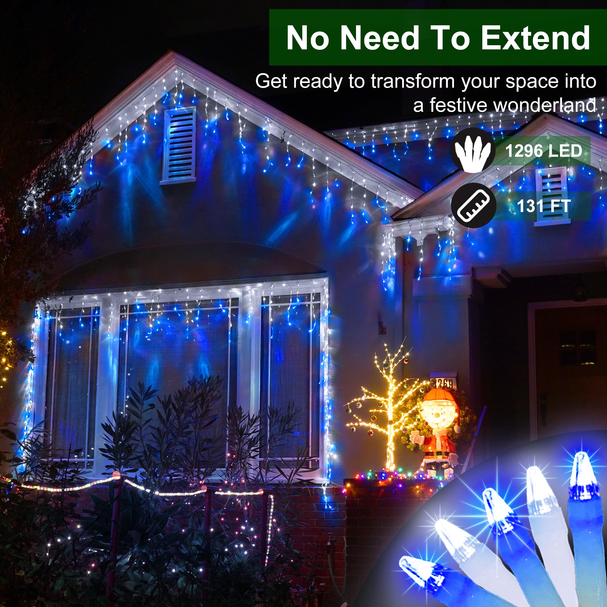 XIKENGSHQ 1296 LED Outdoor Christmas Lights, 131FT with 288 Drops, 8 Modes Timer, IP44 Waterproof, Blue & Cool White