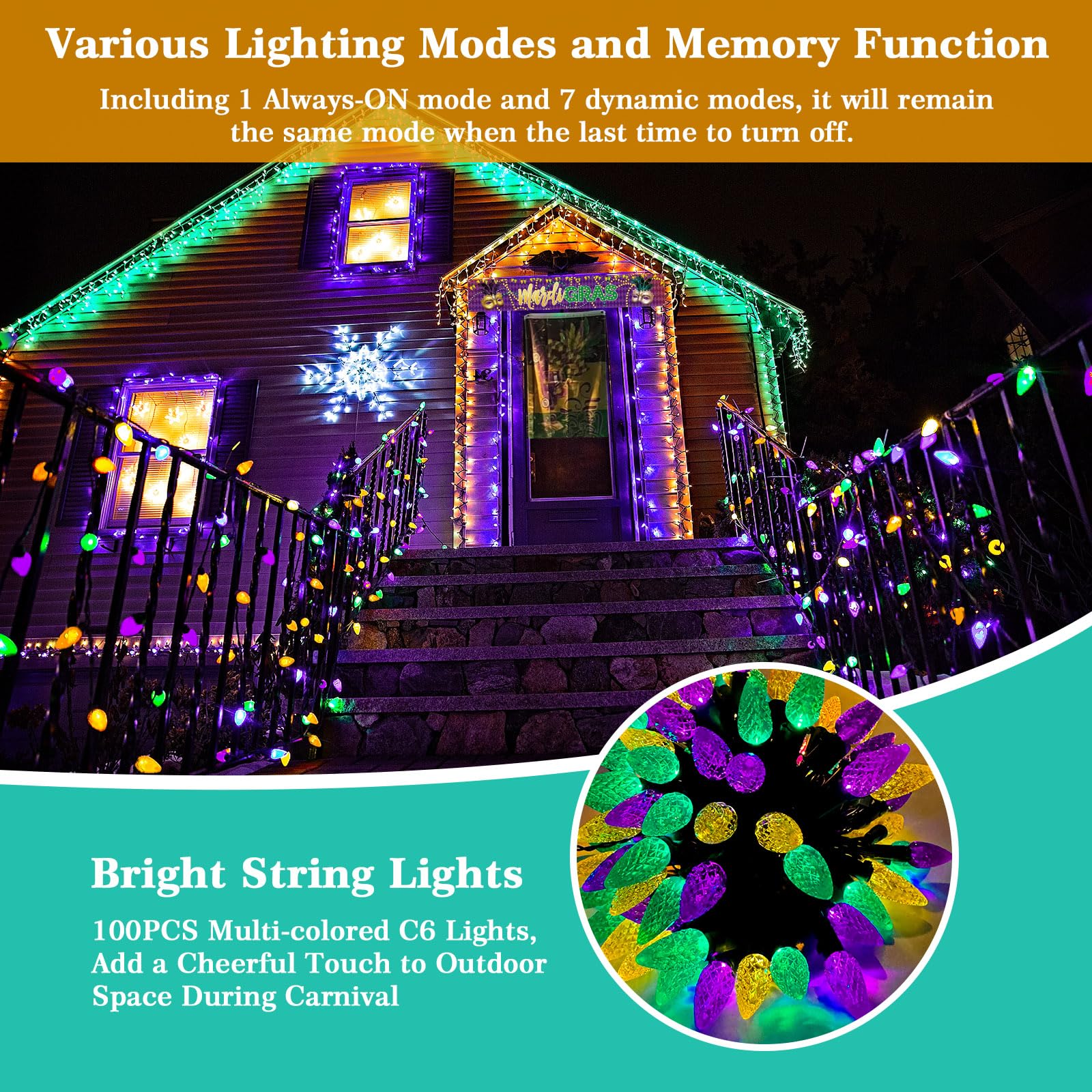 Reyeeinc Solar Mardi Gras Lights, Solar Powered Outdoor Waterproof String Lights With 39Ft 100 Count C6 Strawberry And 8 Modes F