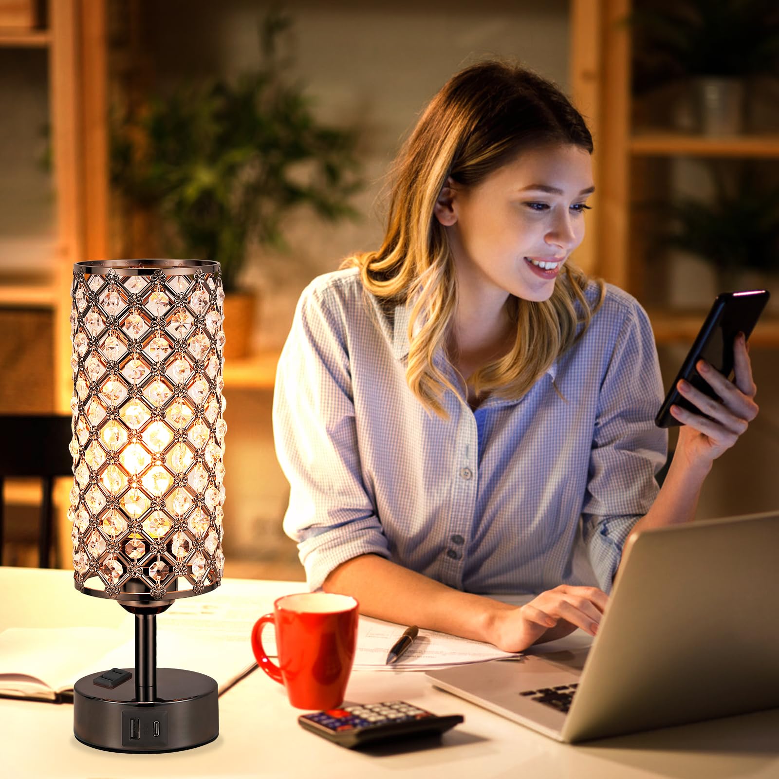Hong-In Crystal Table Lamp Touch Control Set Of 2, 3-Way Black Crystal Lamps With Usb C+A Ports & Ac Outlet, Dimmable Nightstand