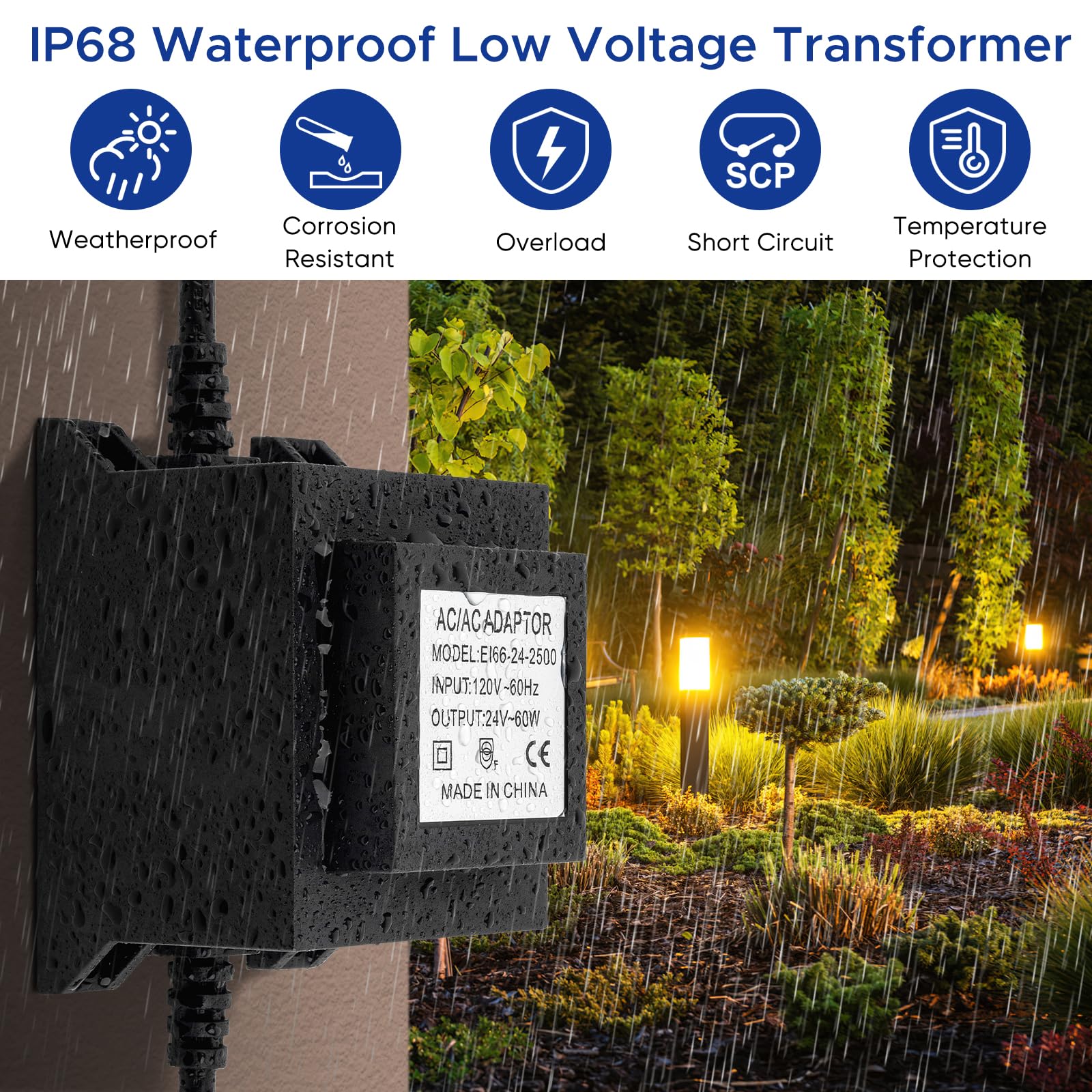 Karyoosi Outdoor Low Voltage Transformer 110/120V Ac To Ac 24V 2.5A 60W, Low Voltage Landscape Transformer, Power Supply Waterpr
