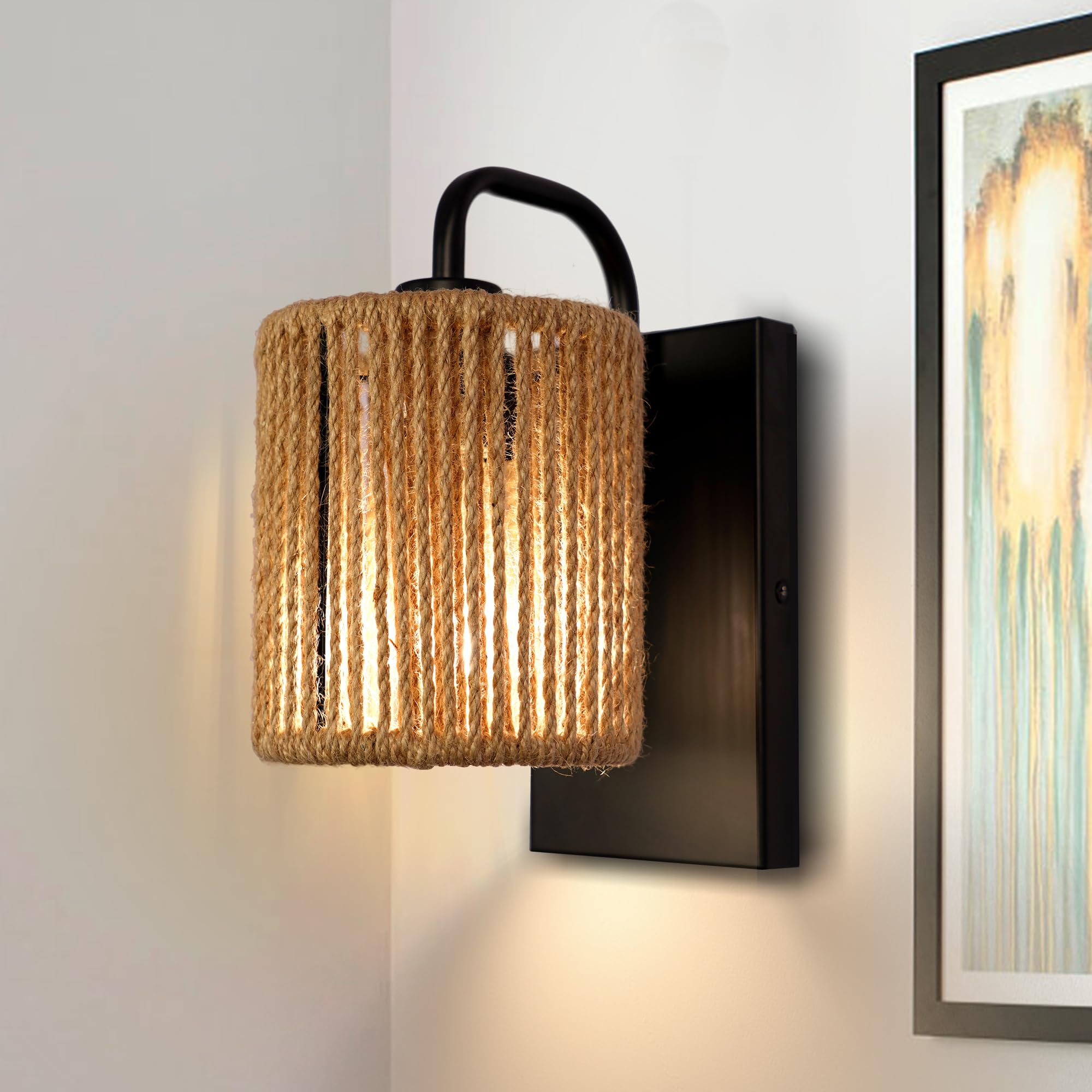 Wvsrbyr Boho Wall Sconce, Rattan Wall Light Fixtures with Hemp Rope Sconces for Living Room Bathroom Hallway Rustic Bohemian Mod