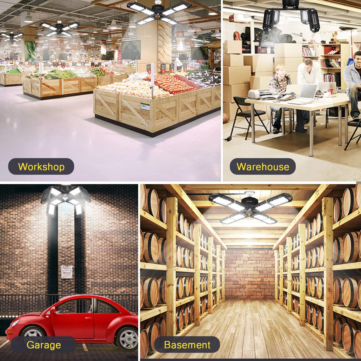 4 Pack Led Garage Light, Super Bright Screw In E26/E27 Ceiling Shop Work Lamp, 200W 20000 Lumen Deformable Basement Bulb Fixture