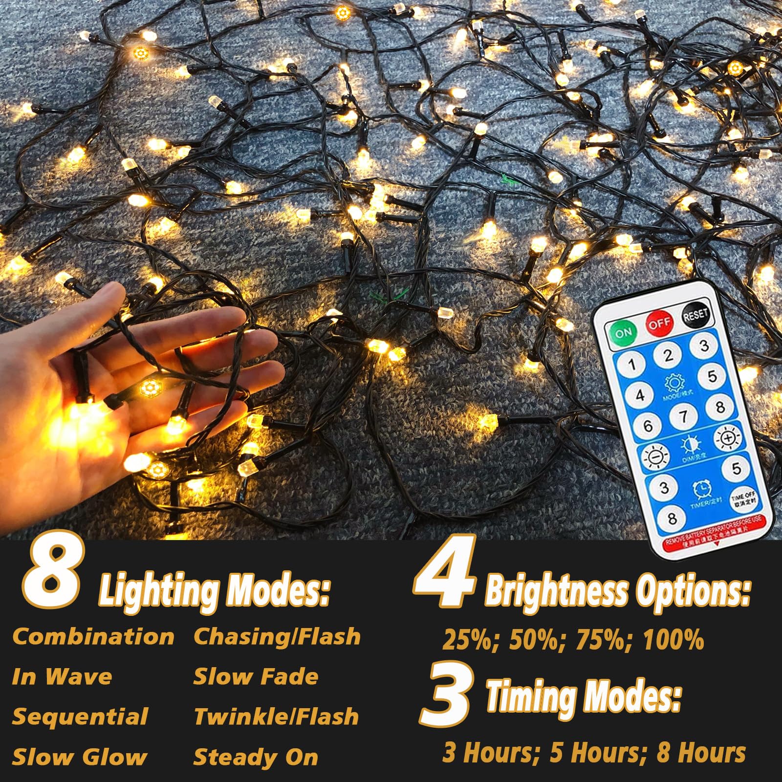 Ucutely Solar String Lights, 115 Ft, 300 LED, 8 Modes, Waterproof, Warm White, Model UZ004, for Patio, Garden, Christmas Decor