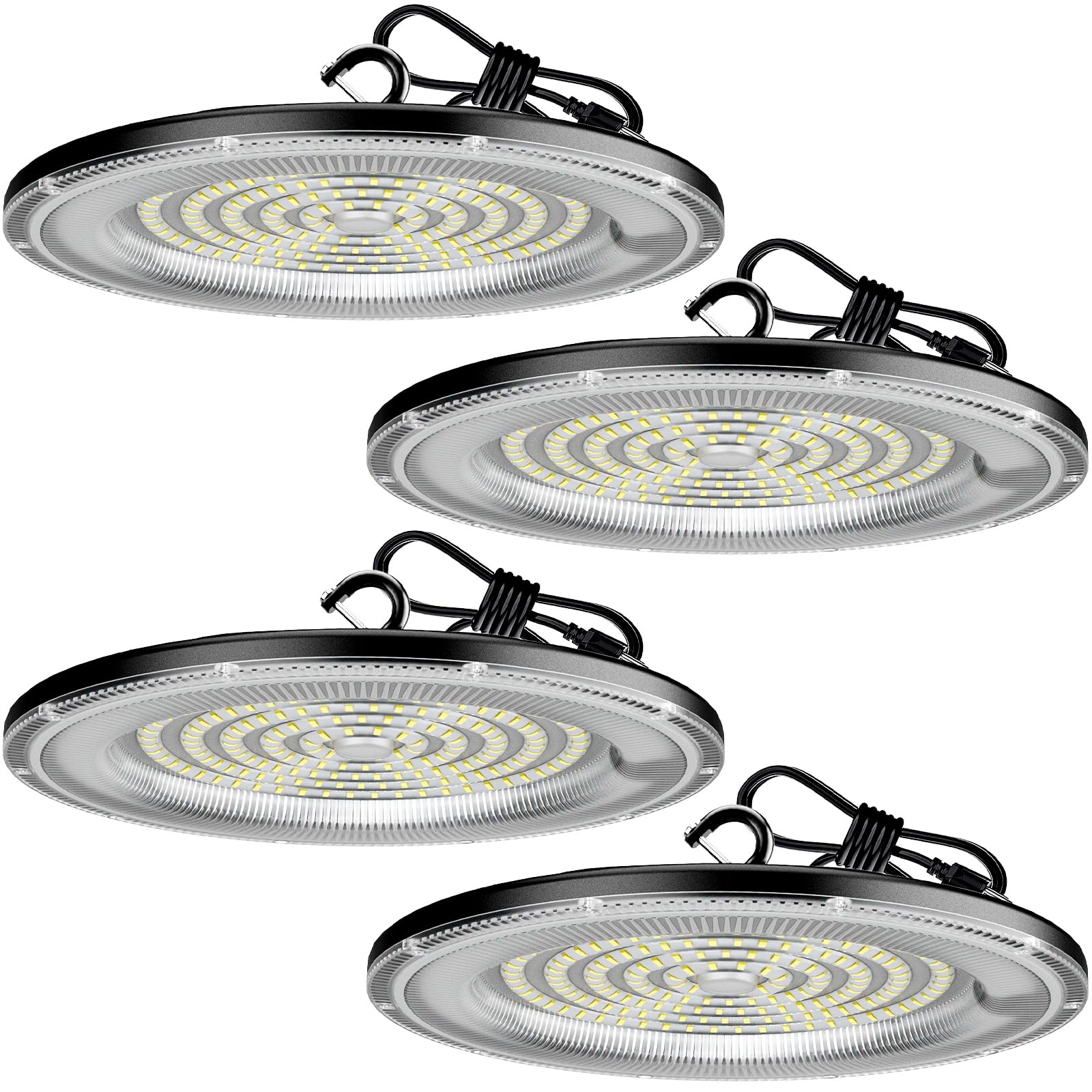 WILLGOTOP 250W 4 Pack UFO LED High Bay Light  32500LM Shop Lights  Garage Light IP66 Waterproof  Industrial Lighting  6500K with US Plug Hook  AC110-275V for Workshop  Warehouse Barn  Factory