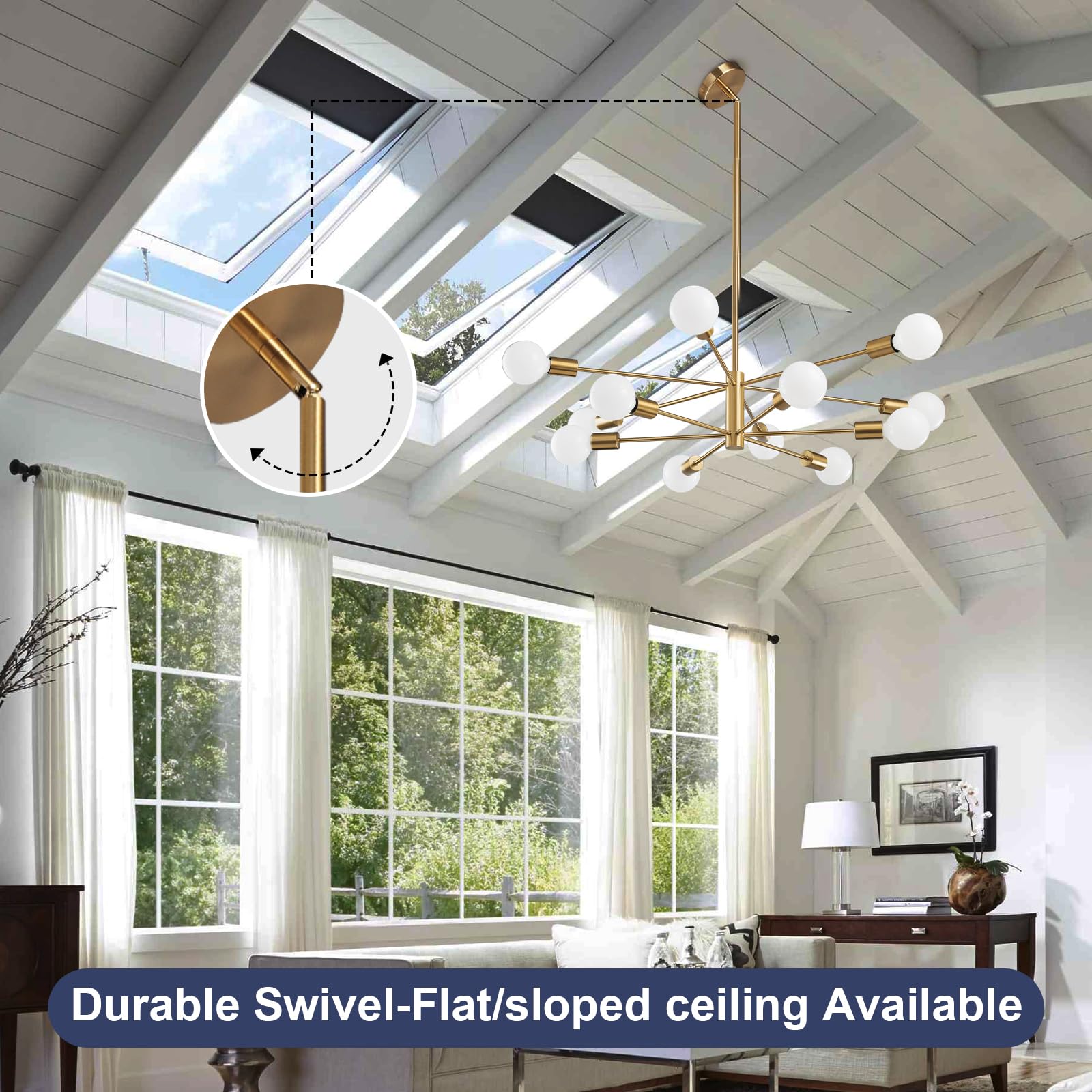 Ruiyey Modern Sputnik Chandeliers Light, 12-Light Gold Gold Dining Room Chandelier Over Table, Height Adjustable Industrial Semi