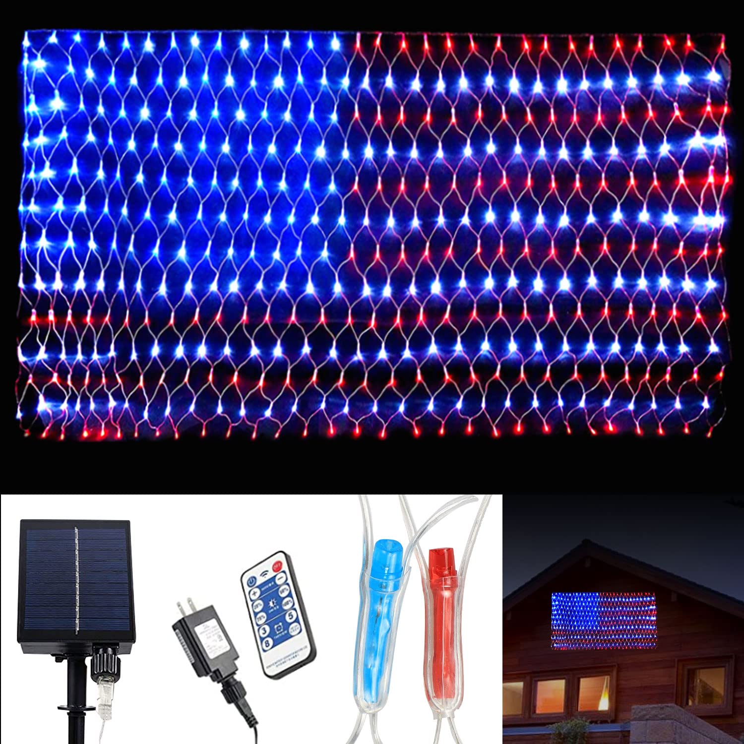 PUHONG Solar American Flag Lights,2 in 1 Plug-in & Solar Powered Flag Lights,420 LED 8 Modes Waterproof Flag Lights with Remote