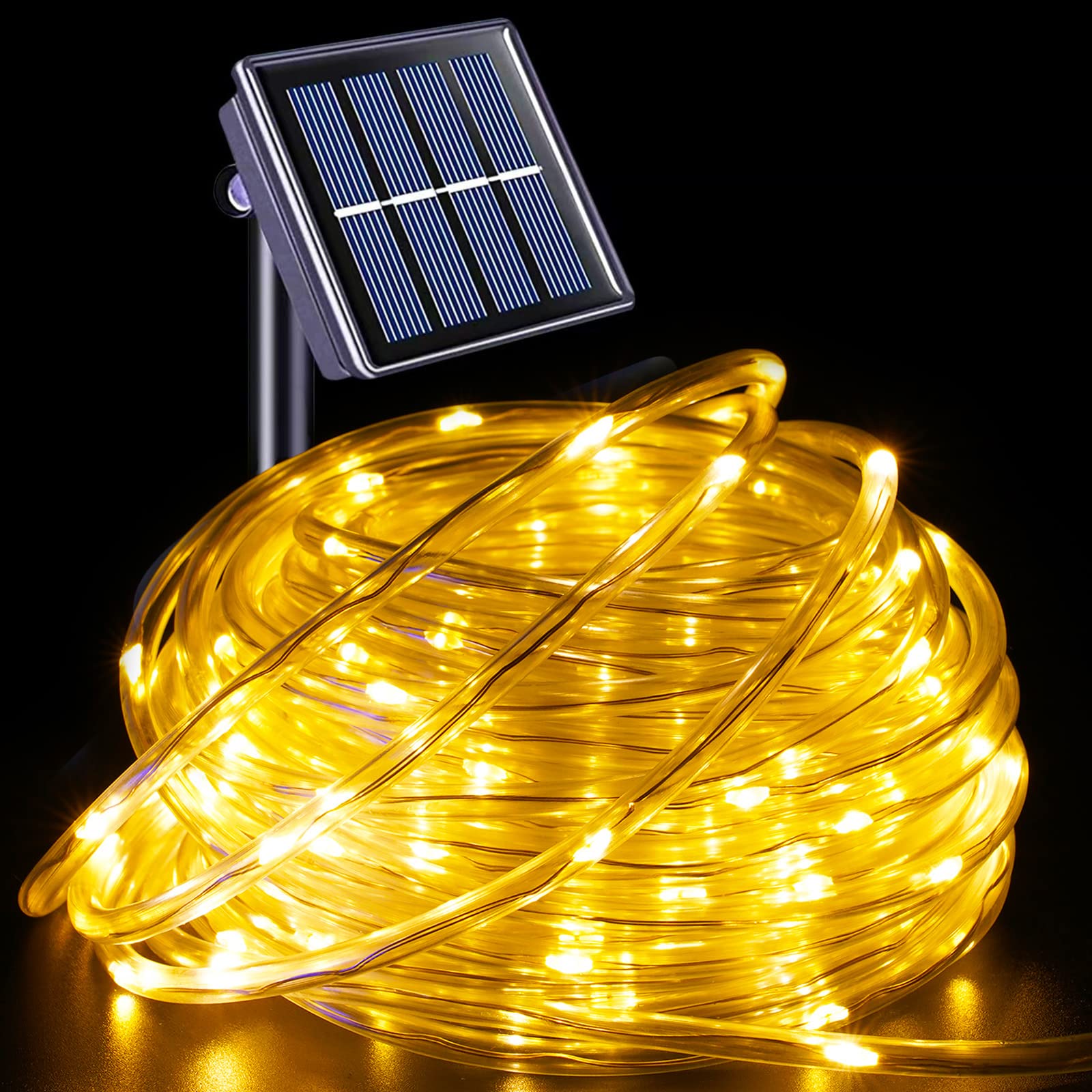 Yeguo 66Ft 200 Led Solar Rope Lights Outdoor Waterproof, Warm White String Lights For Outside, 8 Modes Fairy Lights In Clear Thin Tube For Camping Fence Patio Garden Trampoline Deck