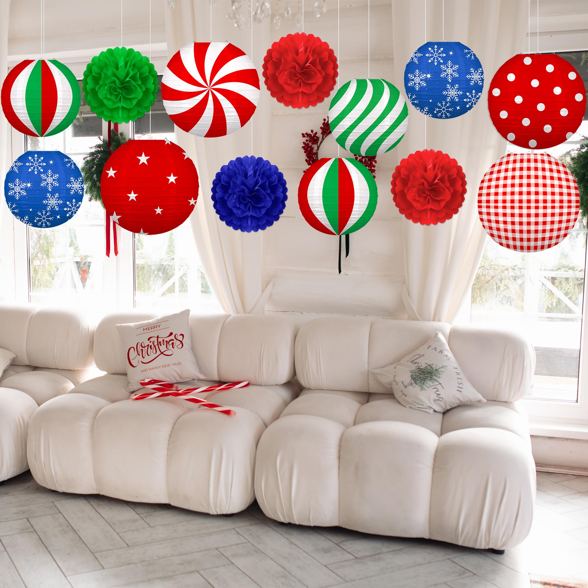 Renbuzhu 13Pcs Christmas Decorations Ornaments Set - 9 Red Green Blue Hanging Paper Lanterns  4 Pom Poms For Indoor  Home  Xmas Party  Porch Decor