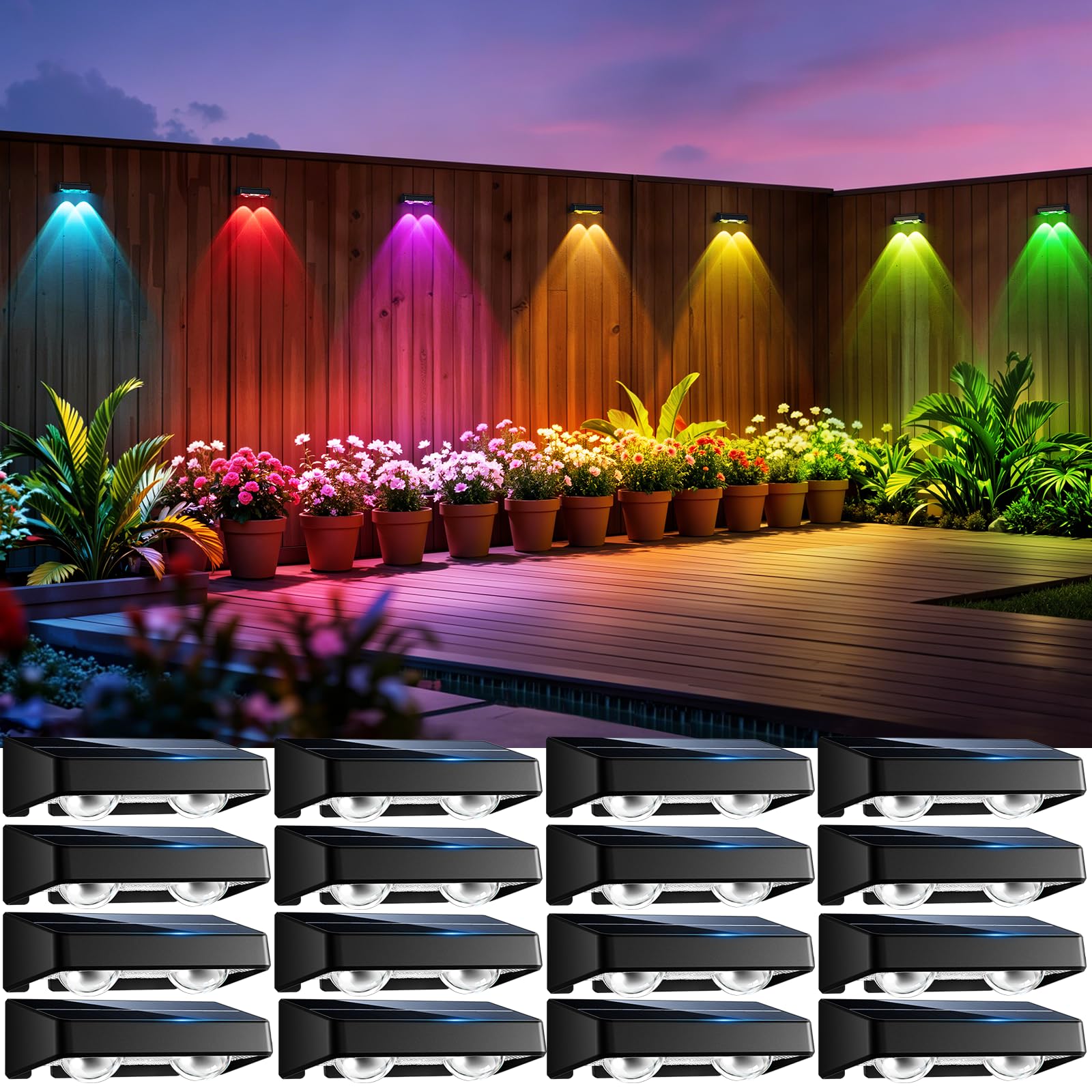 nibuuecer Solar Fence Lights Outdoor  16 Pack Color Changing Fence Lights Solar Powered with 9 RGB Colors & 11 Lighting Modes  IP65 Waterproof Dusk to Dawn Fence Lights for Patio  Deck  Wall  Backyard