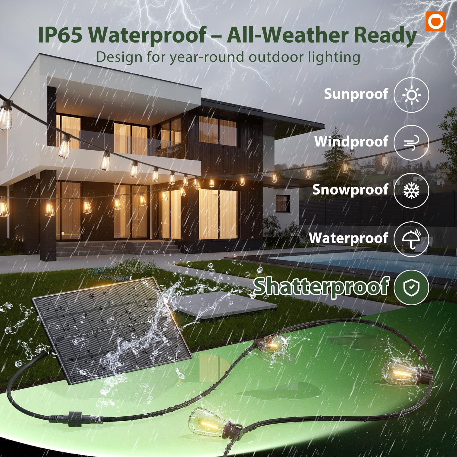 addlon Solar String Lights, 102FT (96+6), Black, 30+2 LED Bulbs, Waterproof, Remote, Dimmable, 3 Modes, Solar Powered