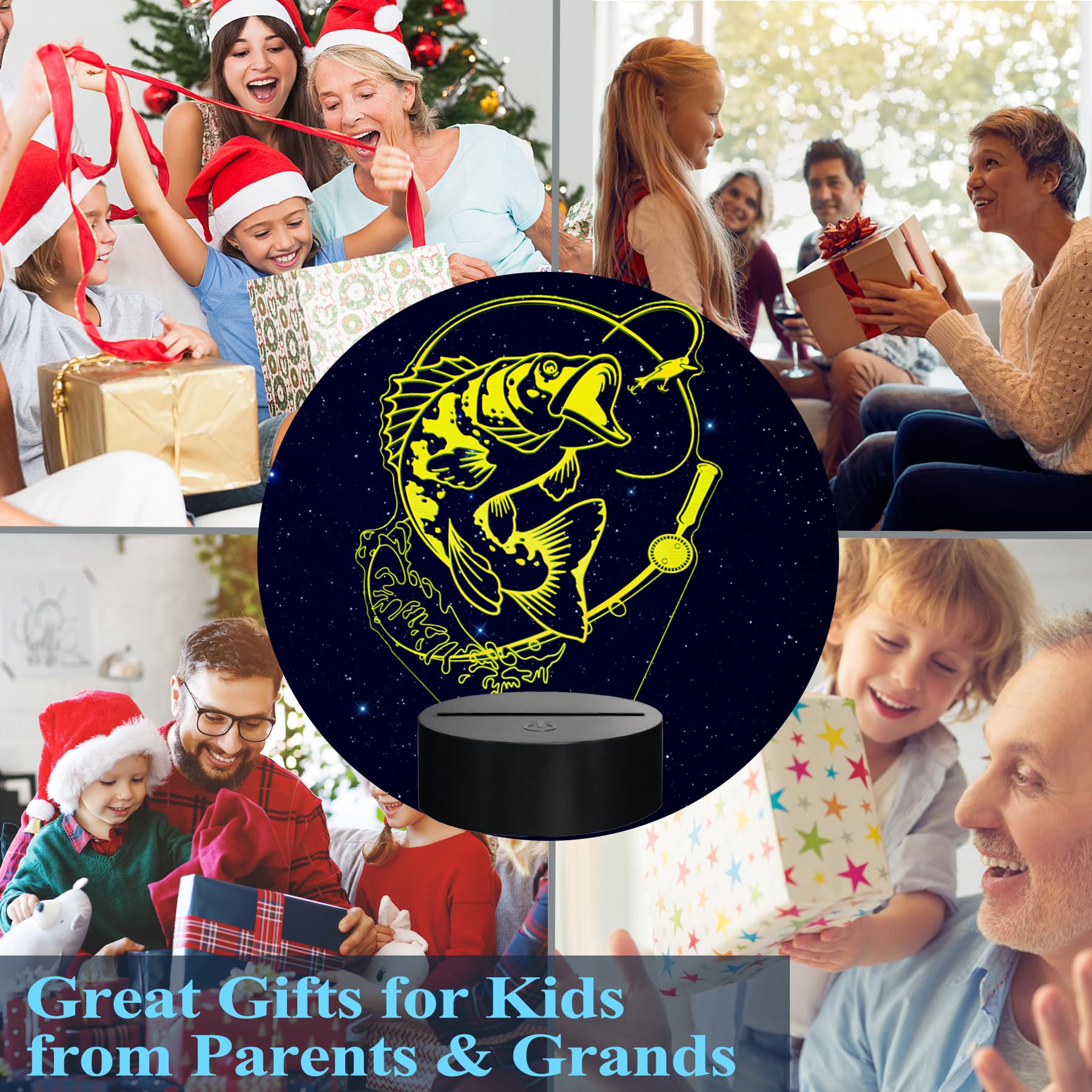 Posshe Fish Night Light, Fish 3D Illusion Lamp, Go Fishing Man Gifts With 16 Colors Changing, Remote Control, Dimmable, Kids Roo
