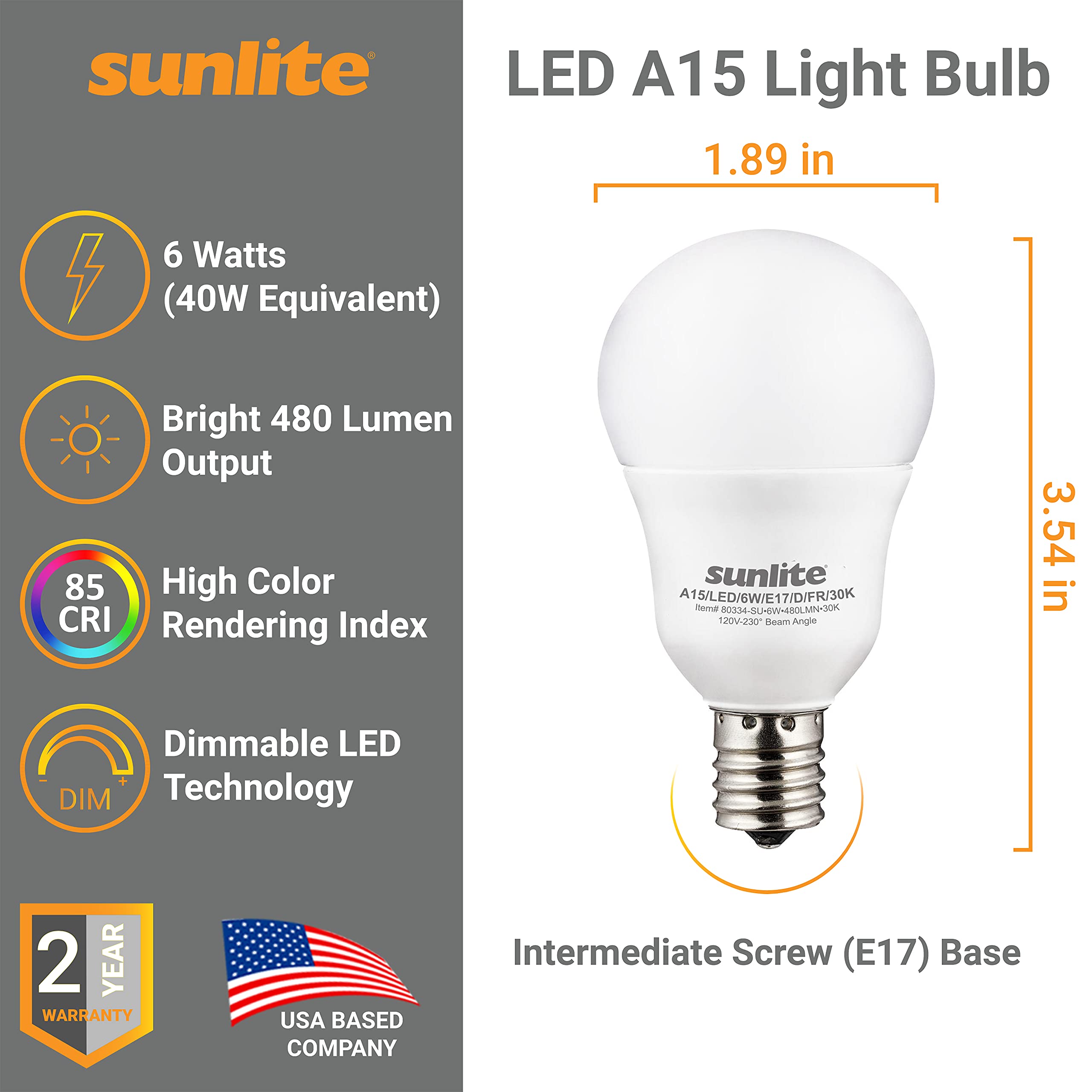 Sunlite A15 E17 LED Bulb, 6W (40W Equivalent), 480 Lumens, Dimmable, 6 Pack, Frosted Finish, 2700K Soft White