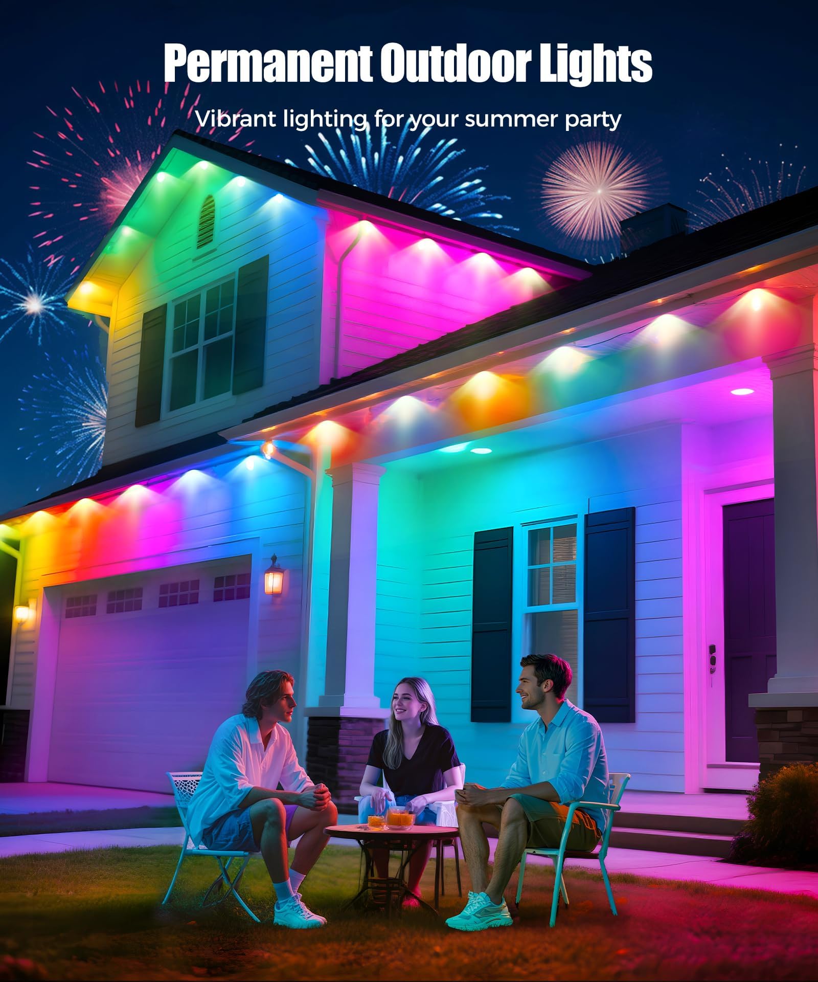 POOFZY 100ft RGB+IC Smart Outdoor Lights, IP67 Waterproof, ABS Material, 50 Scene Modes, Remote Control, White, Model HCP045