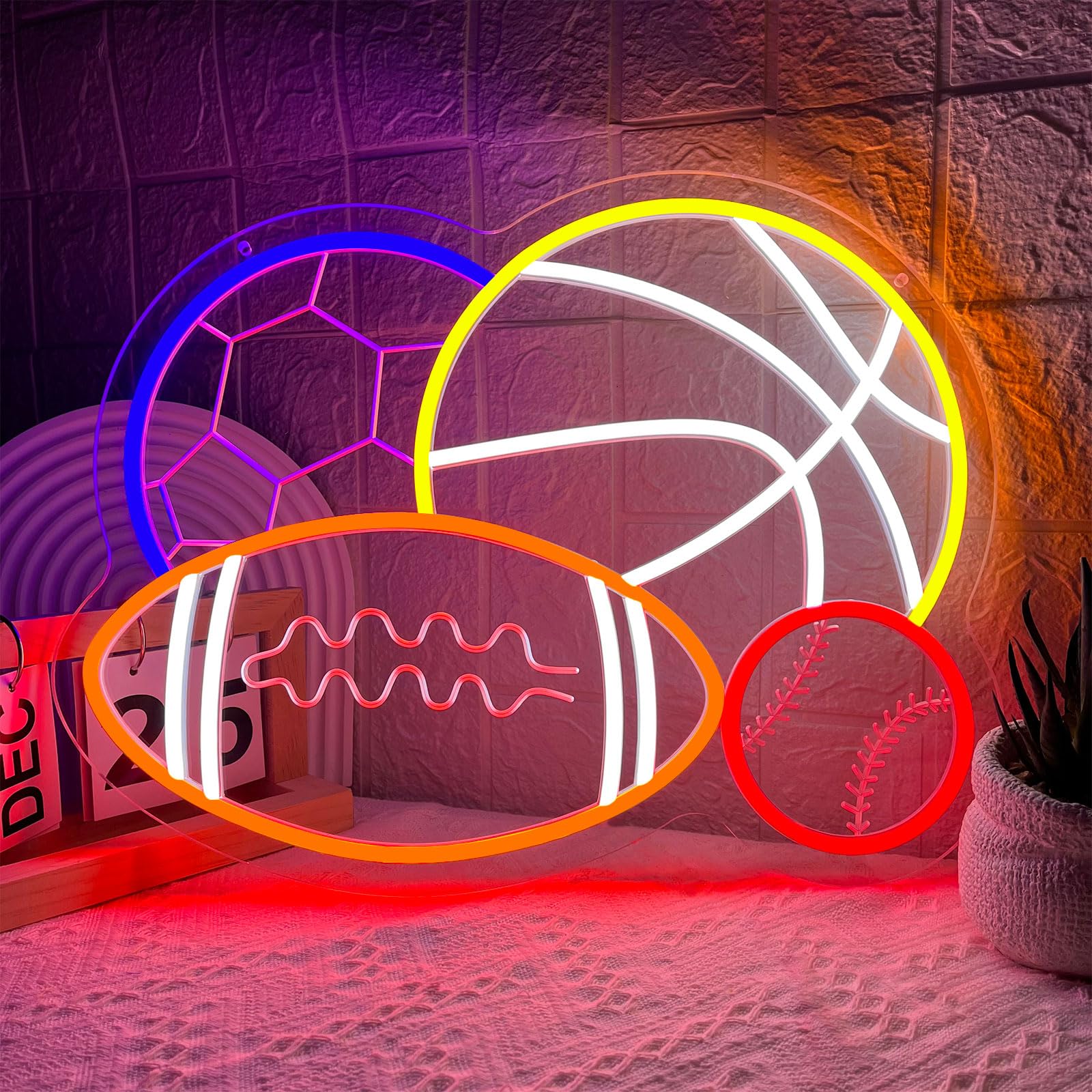 Nen Sign 4 Ball Combination Sport Neon Sign - Soccer, Basketball, Baseball, Football - LED Wall Decor for Boys Bedroom, Playroom, Man Cave