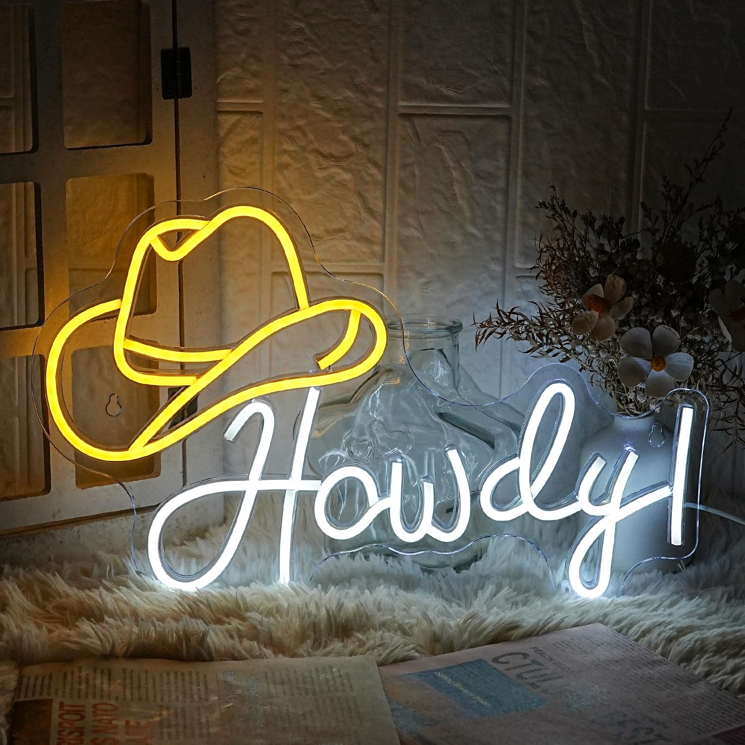 LMSIGNLY Neon Cowboy Hat Sign - Dimmable LED Light, USB Powered, Yellow White, Model: Howdy