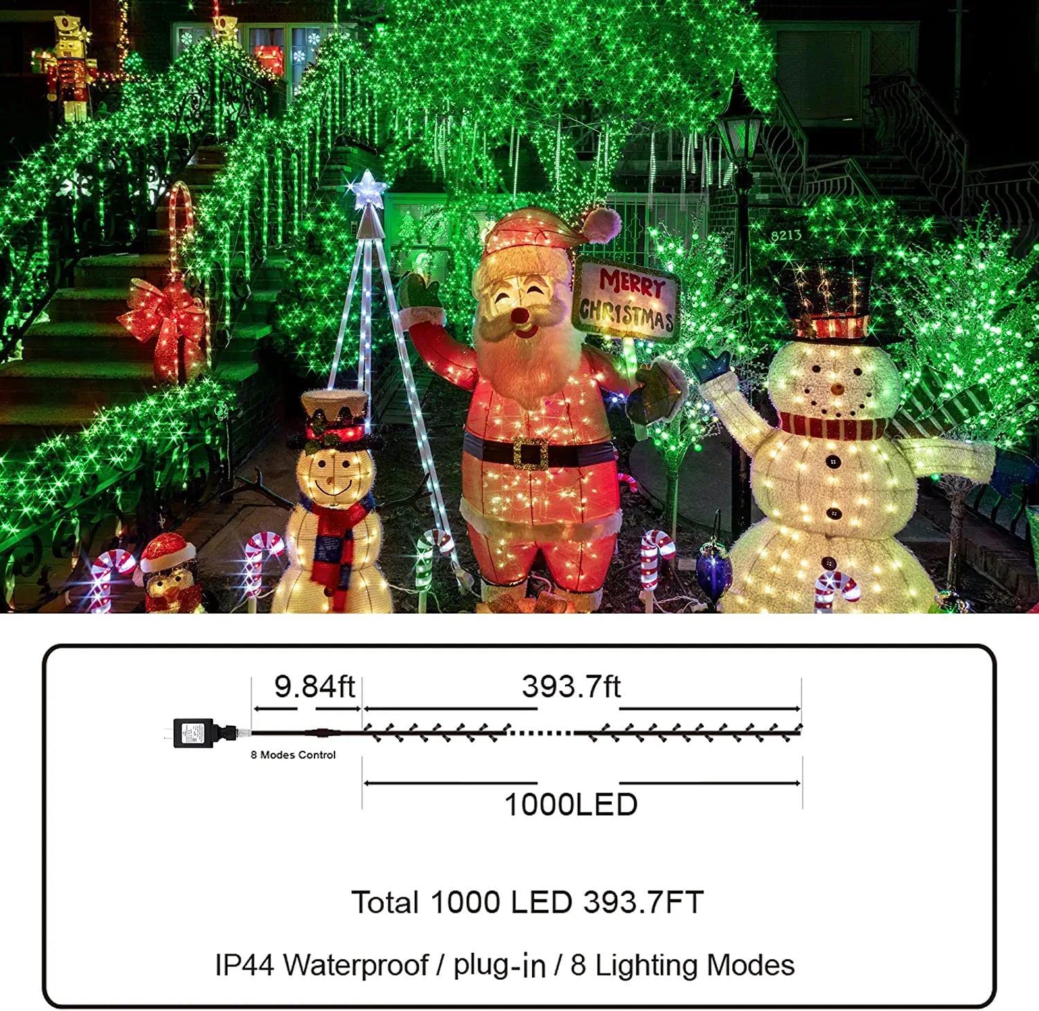 KNONEW LED String Lights 1000 Lights 403ft Waterproof Green Fairy Light 8 Modes & Timer for Outdoor Christmas Decorations Model 68KN-168LIG-NIU