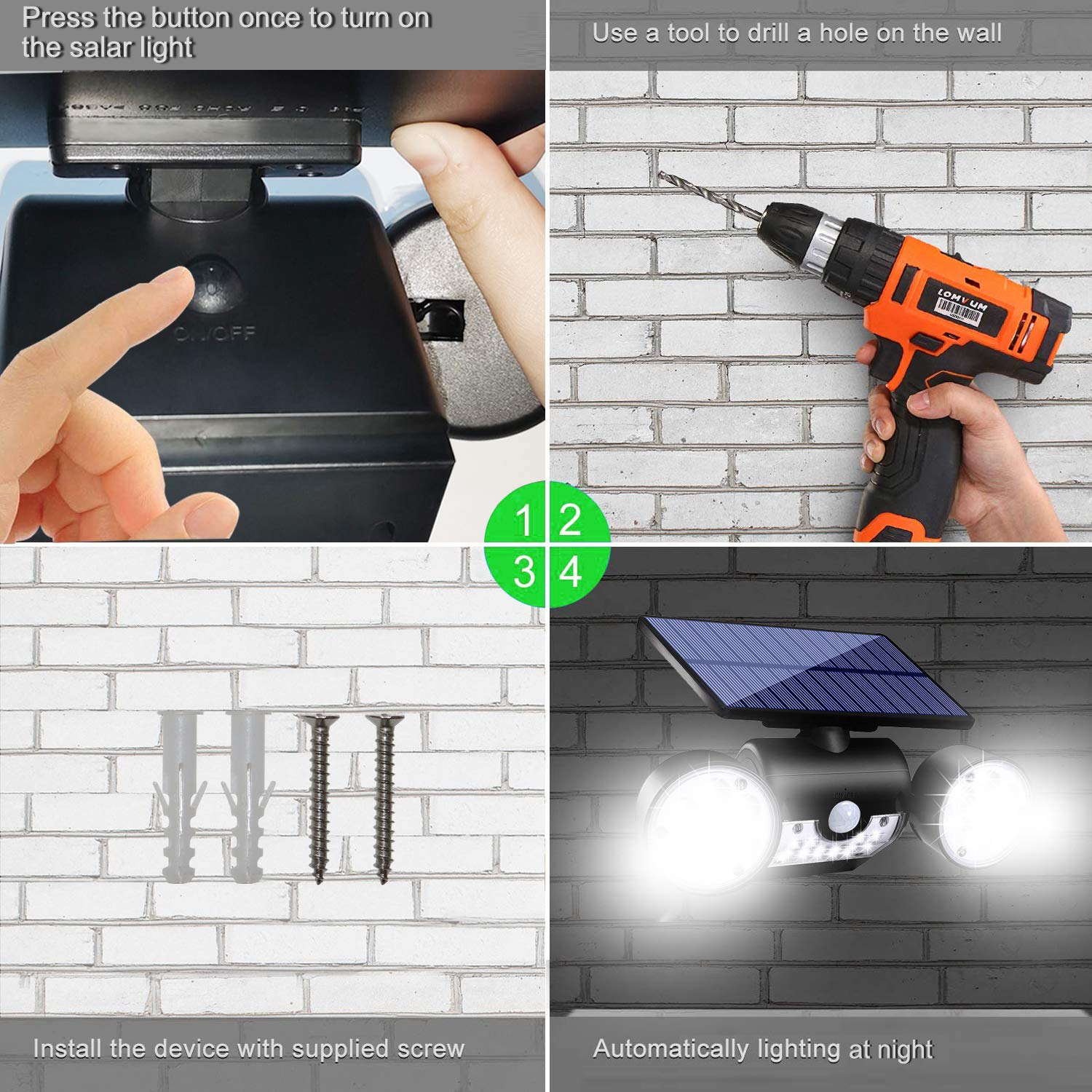 Ollivage Solar Lights Outdoor, 30 LED Motion Sensor Spotlights, IP65 Waterproof, 360° Adjustable, 4 Pack