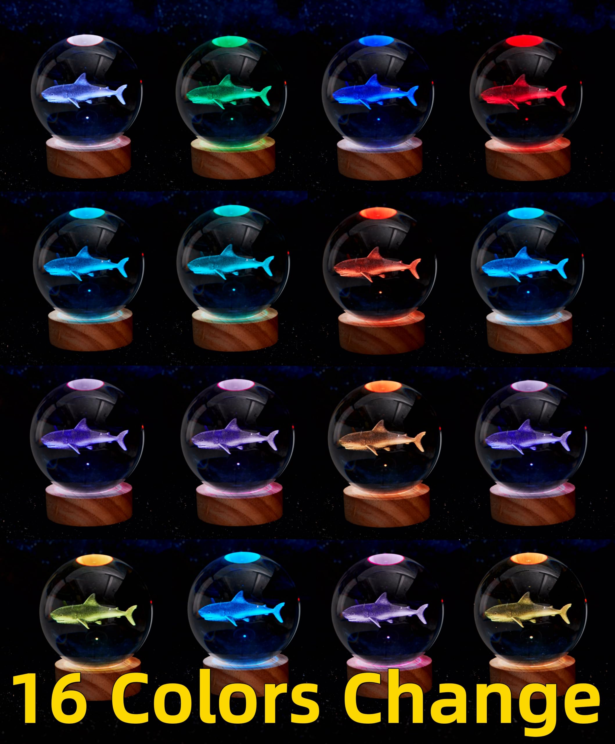 Conalisk 3D Shark Crystal Ball Lamp, 3.15 Inch Shark Crystal Ball Night Light With 16 Colors Led Wooden Base, Remote Control, Gi