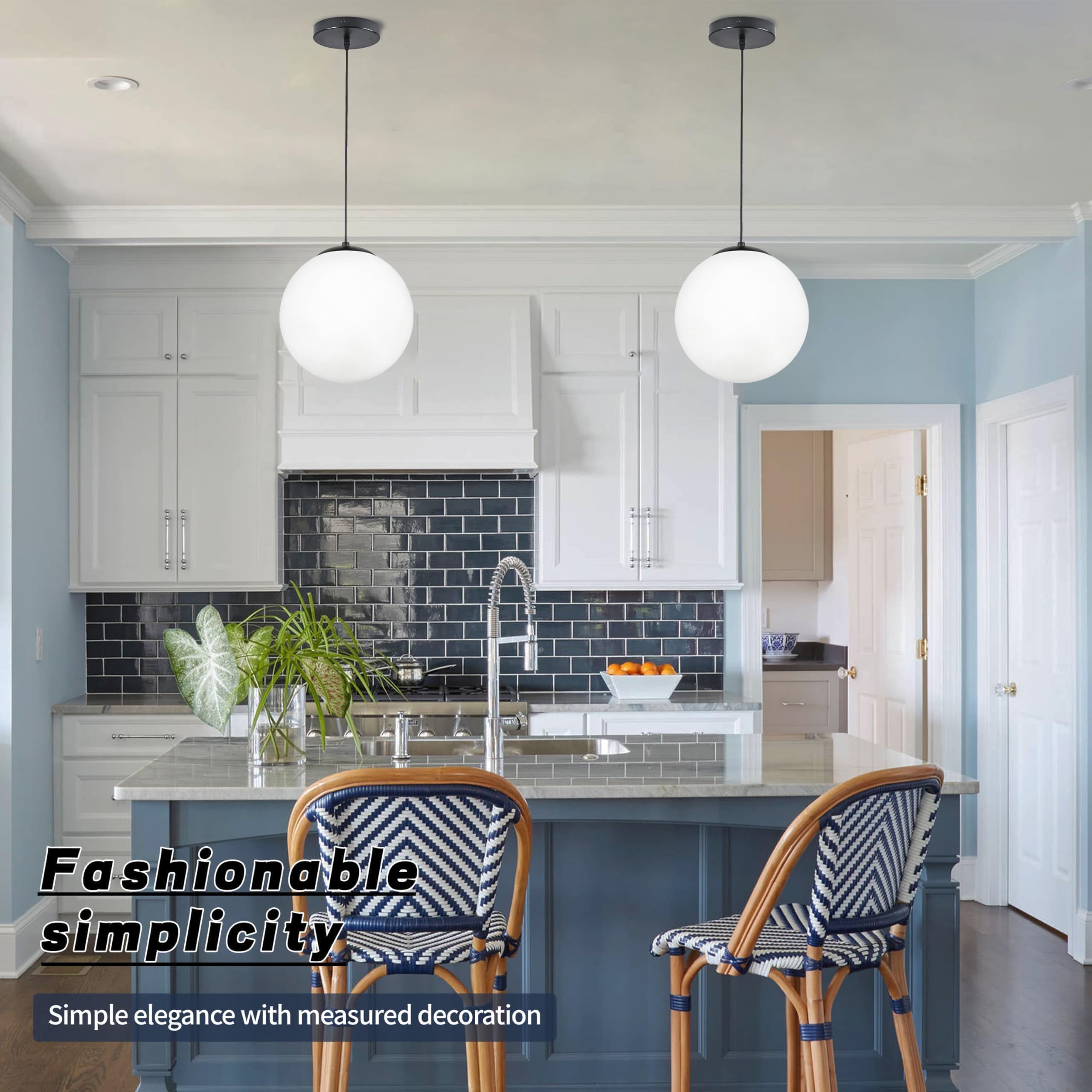 Koko&Yukina 10&quot; Globe Pendant Light - Black Mid Century Fixture With Opal Glass For Dining Room