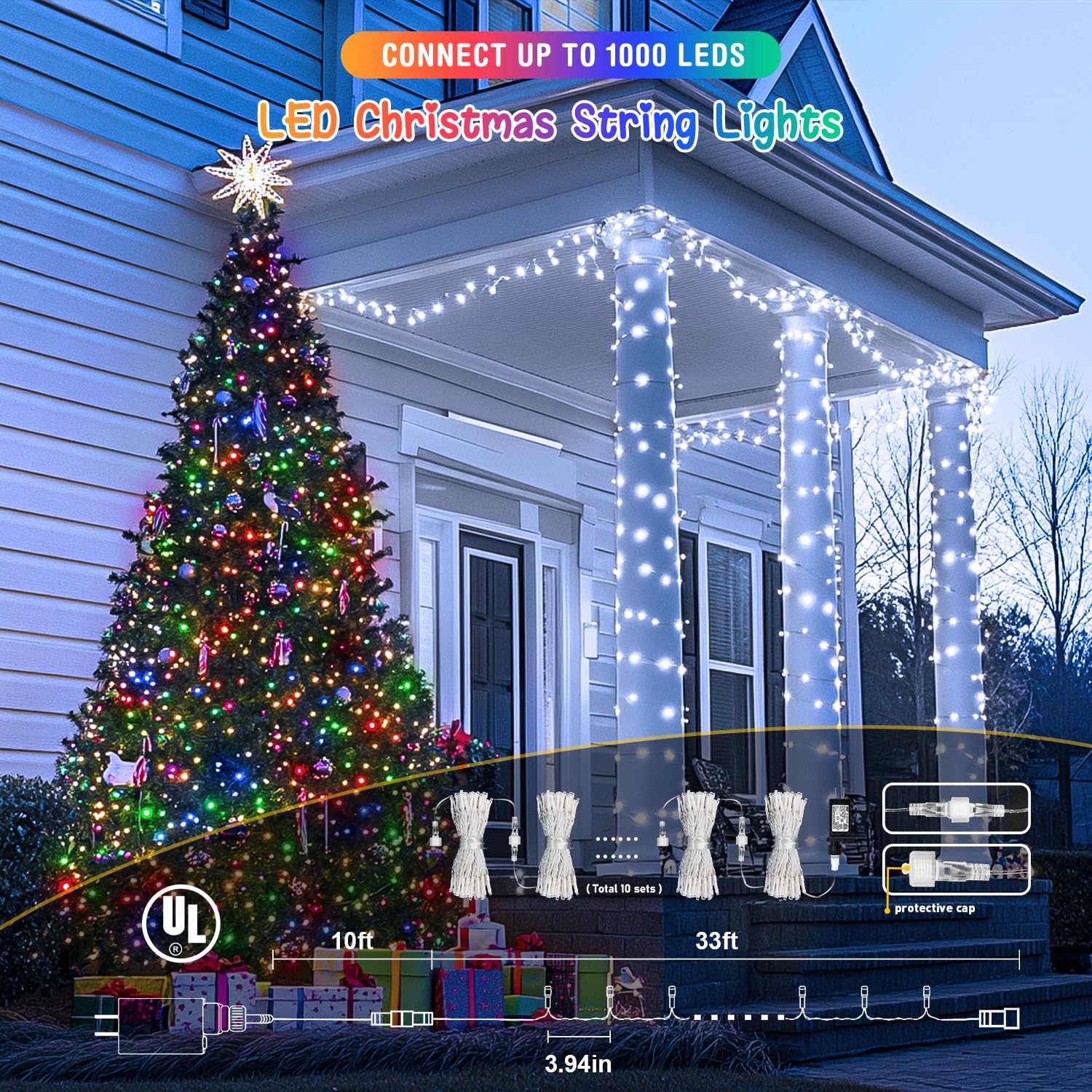 JMEXSUSS 2 Pack 100 LED Color Changing Christmas Lights, 33ft Cool White & Multicolor Christmas Lights Outdoor Waterproof, Clear