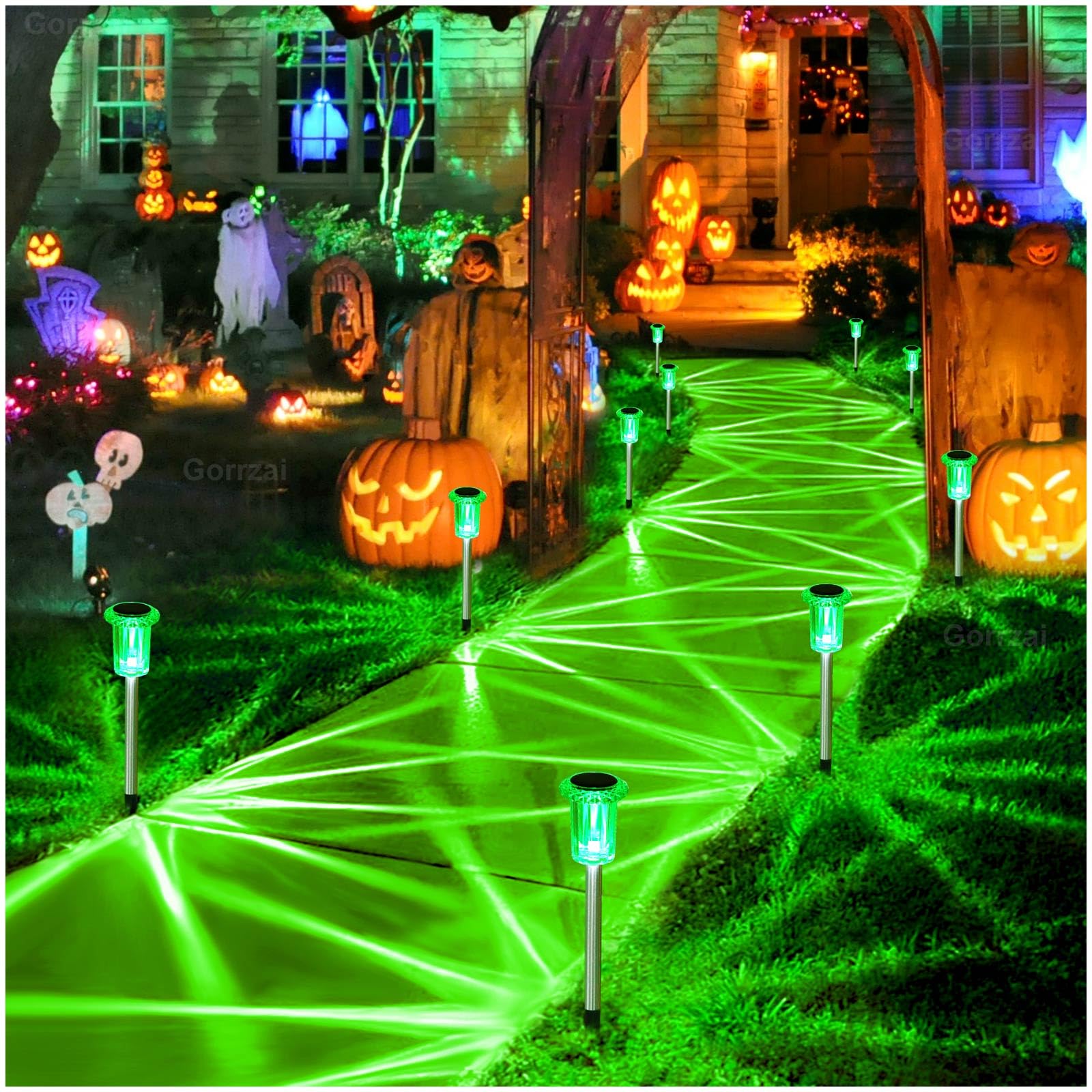 Gorrzai 10 Pack Solar Pathway Lights - Waterproof Green Outdoor Halloween Decorations