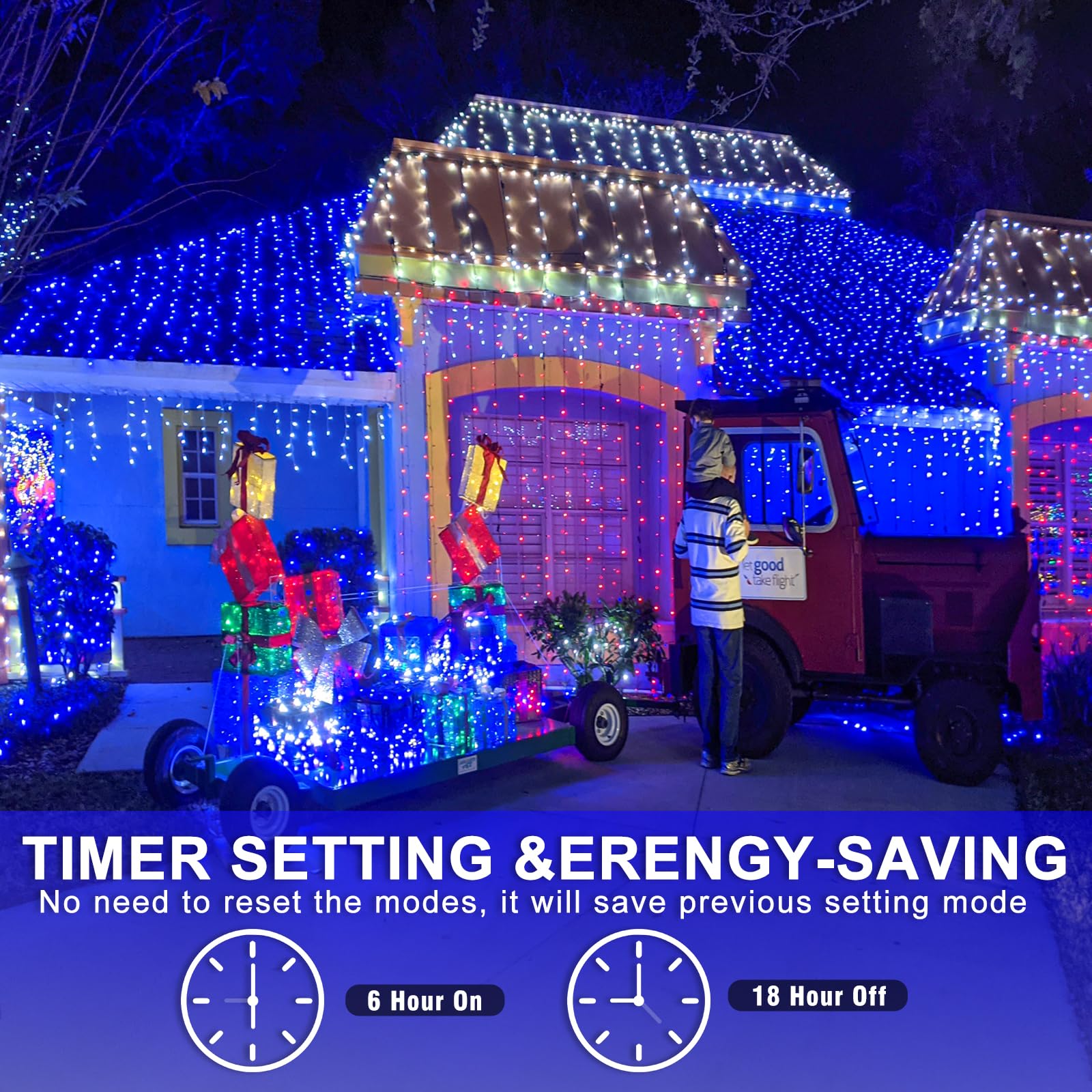 Einiiya 120 Led Blue Christmas Lights Outdoor, 40Ft Clear Wire Christmas Tree Lights 8 Modes, Plug In Waterproof Fairy String Li